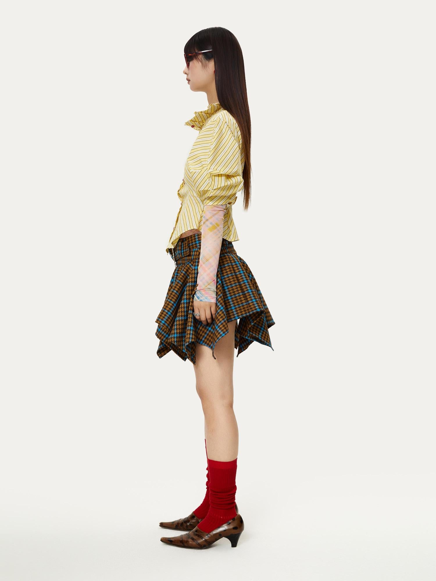 YOSHUYUKI Vintage Punk Plaid Drop Waist Asymmetrical Skirt