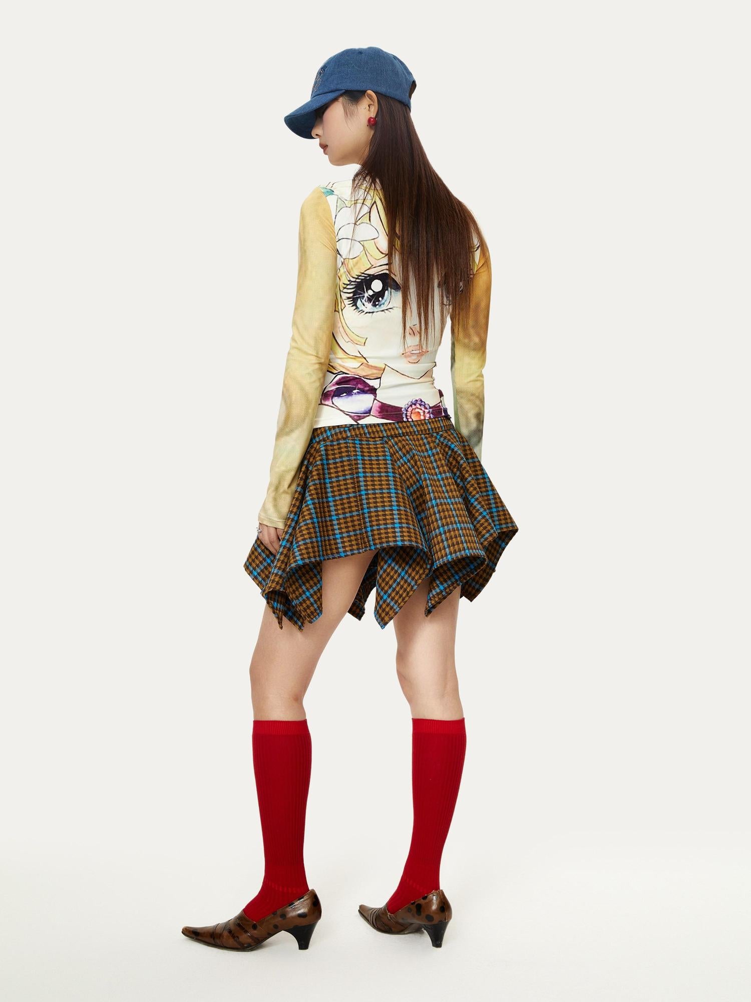 YOSHUYUKI Vintage Punk Plaid Drop Waist Asymmetrical Skirt