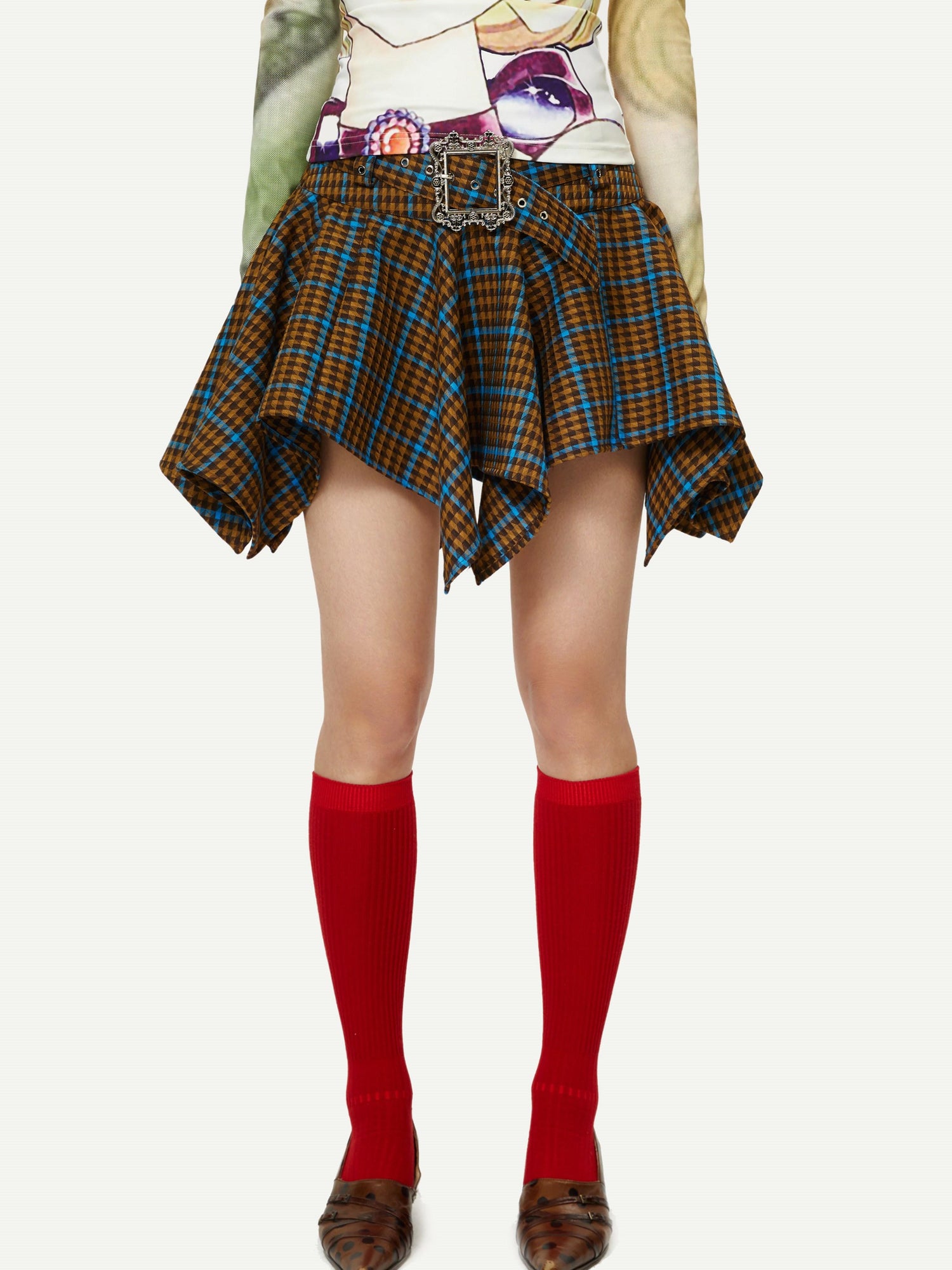 YOSHUYUKI Vintage Punk Plaid Drop Waist Asymmetrical Skirt