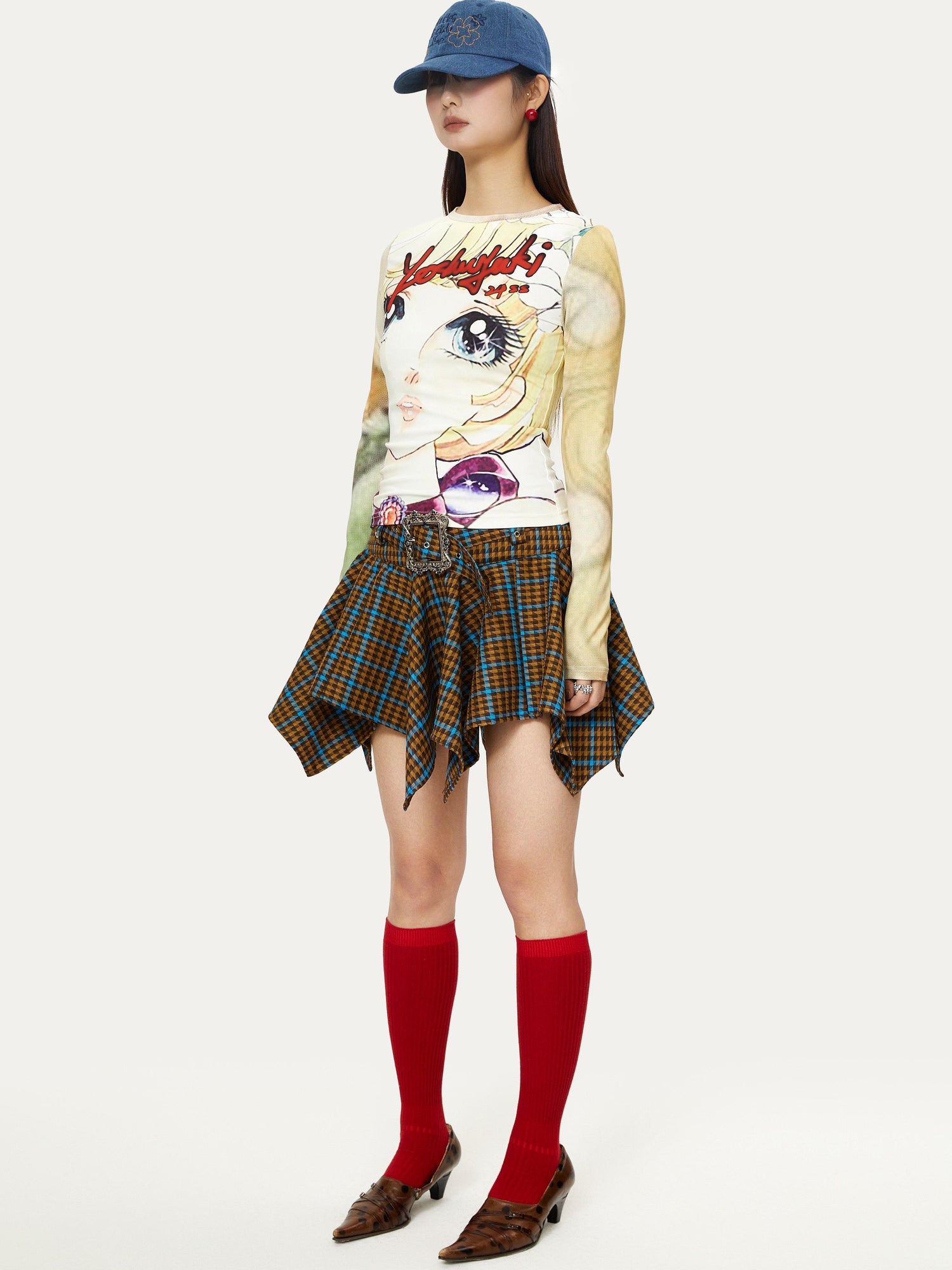 YOSHUYUKI Vintage Punk Plaid Drop Waist Asymmetrical Skirt
