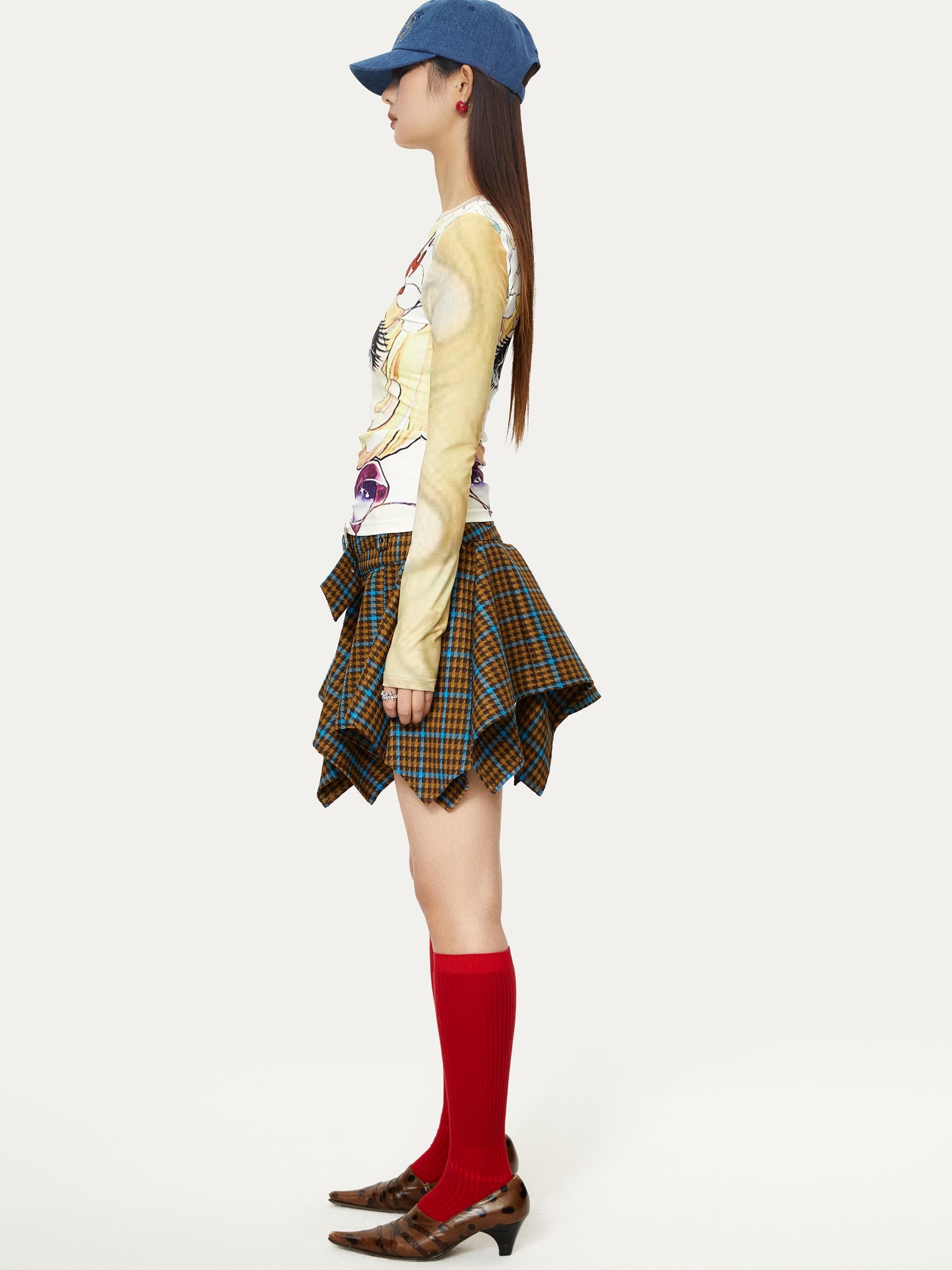 YOSHUYUKI Vintage Punk Plaid Drop Waist Asymmetrical Skirt