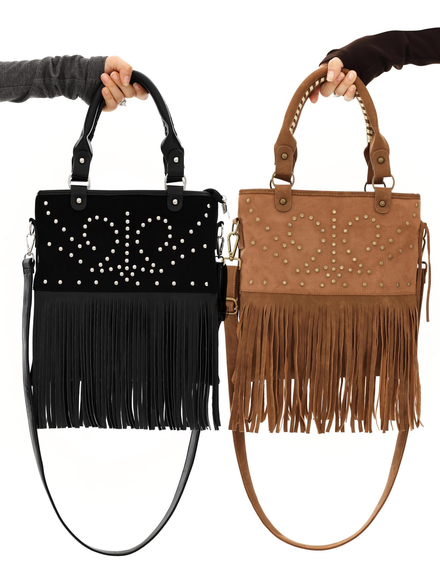 YOSHUYUKI Vintage Punk Studded Crossbody Bag With Fringe