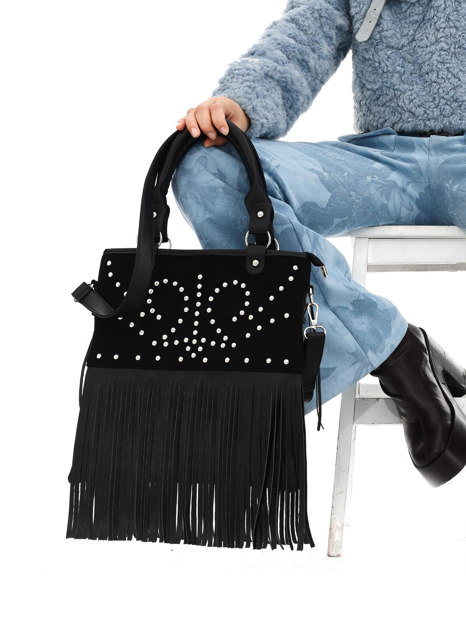 YOSHUYUKI Vintage Punk Studded Crossbody Bag With Fringe