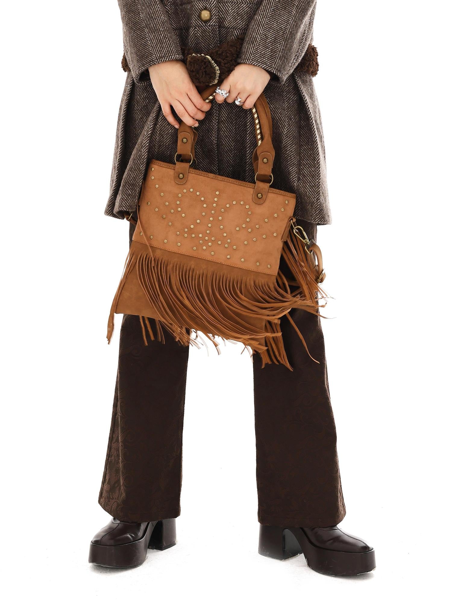 YOSHUYUKI Vintage Punk Studded Crossbody Bag With Fringe