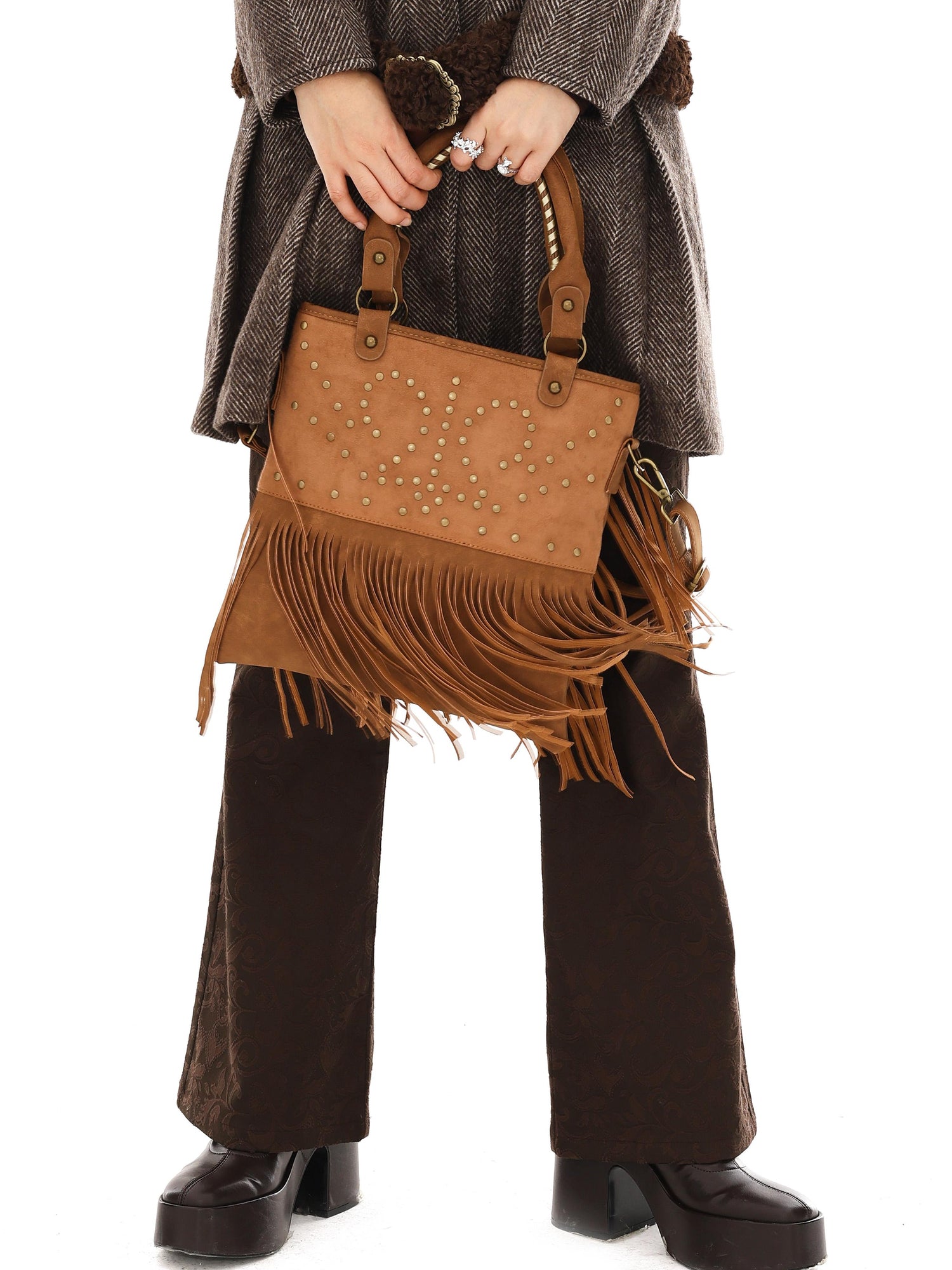 YOSHUYUKI Vintage Punk Studded Crossbody Bag With Fringe