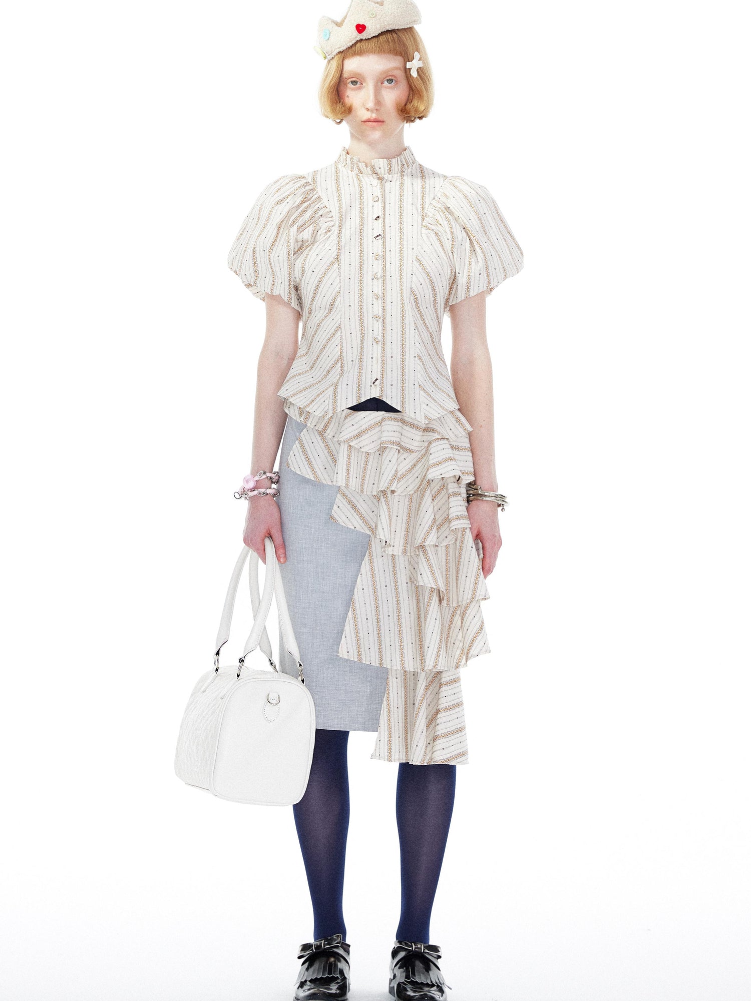 YOSHUYUKI Vintage Stripe Blouse With Puffed Sleeves
