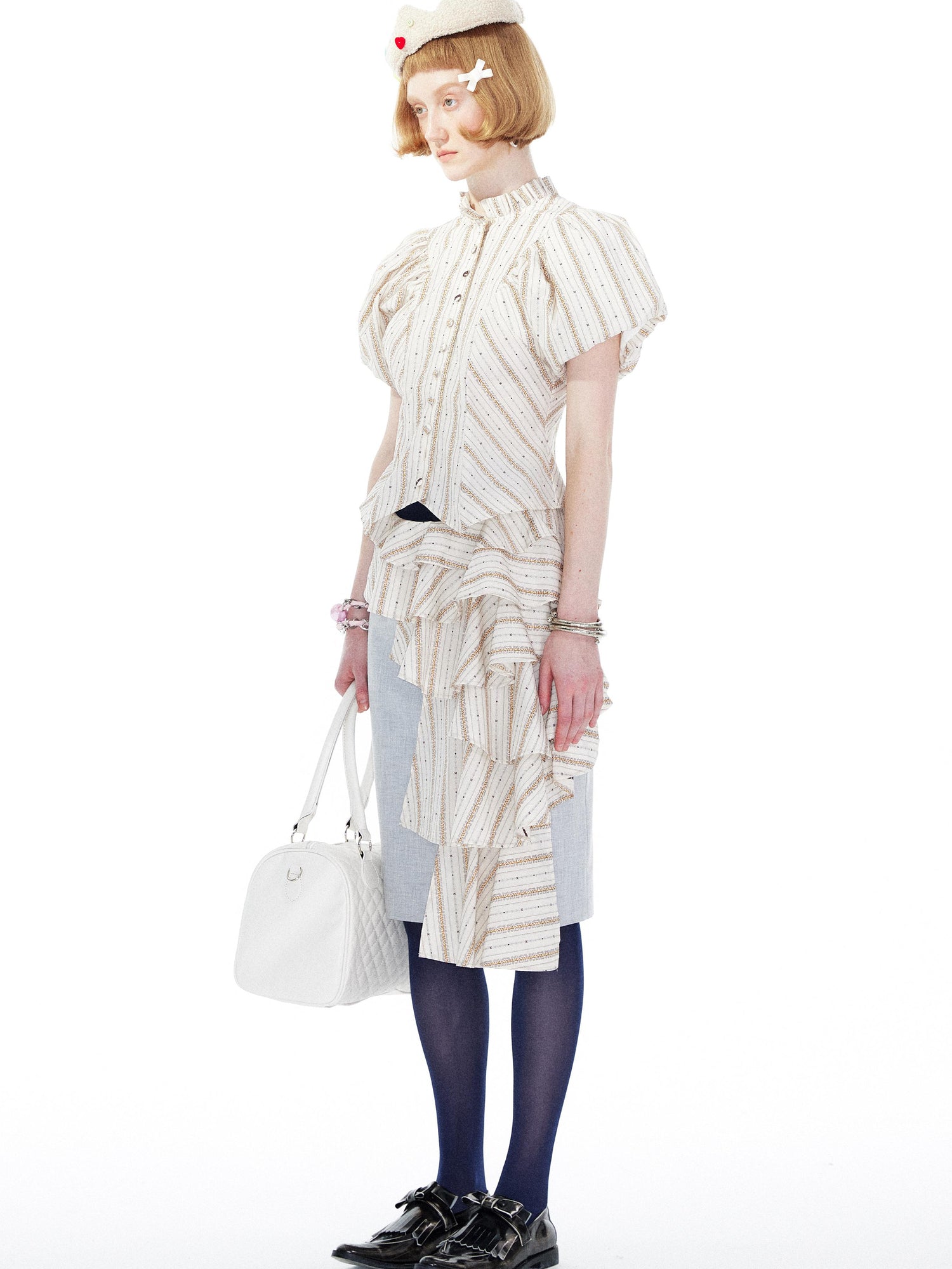 YOSHUYUKI Vintage Stripe Blouse With Puffed Sleeves