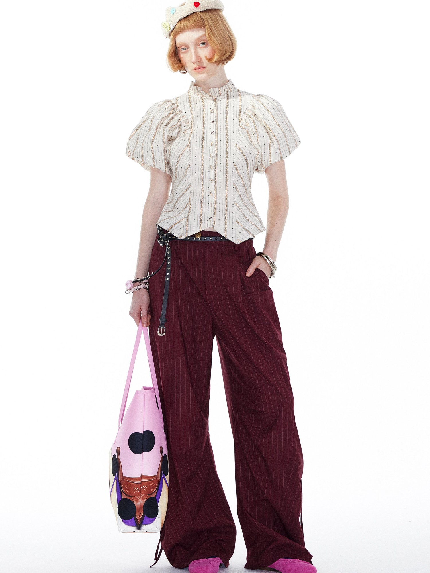YOSHUYUKI Vintage Stripe Blouse With Puffed Sleeves