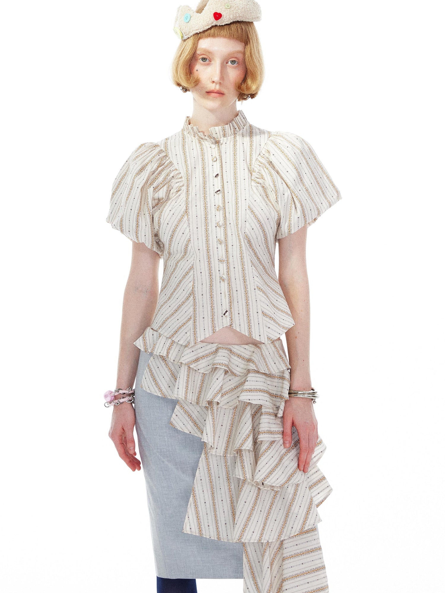 YOSHUYUKI Vintage Stripe Blouse With Puffed Sleeves