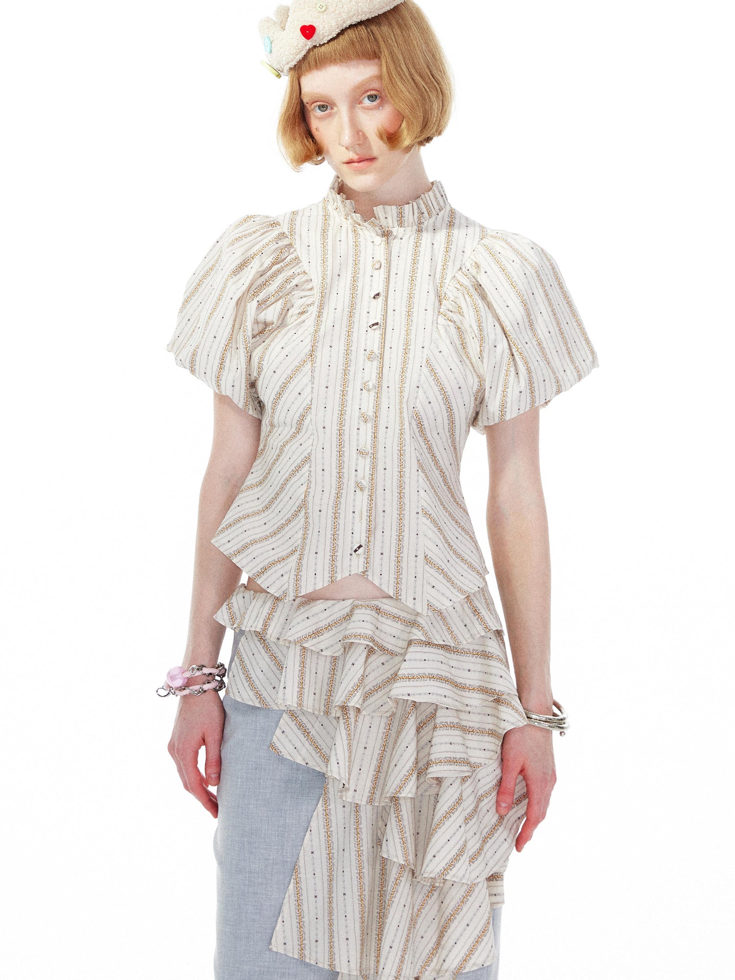 YOSHUYUKI Vintage Stripe Blouse With Puffed Sleeves