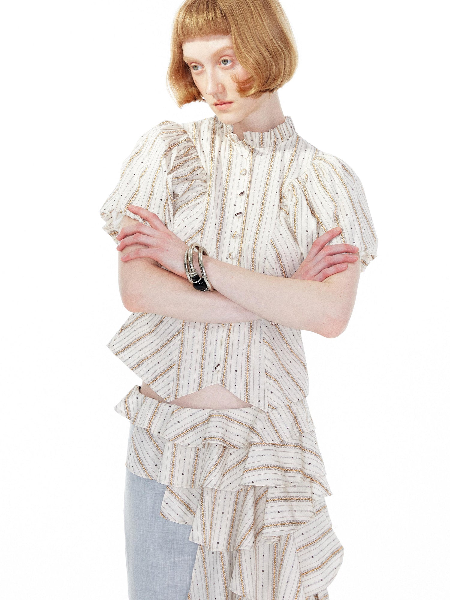 YOSHUYUKI Vintage Stripe Blouse With Puffed Sleeves