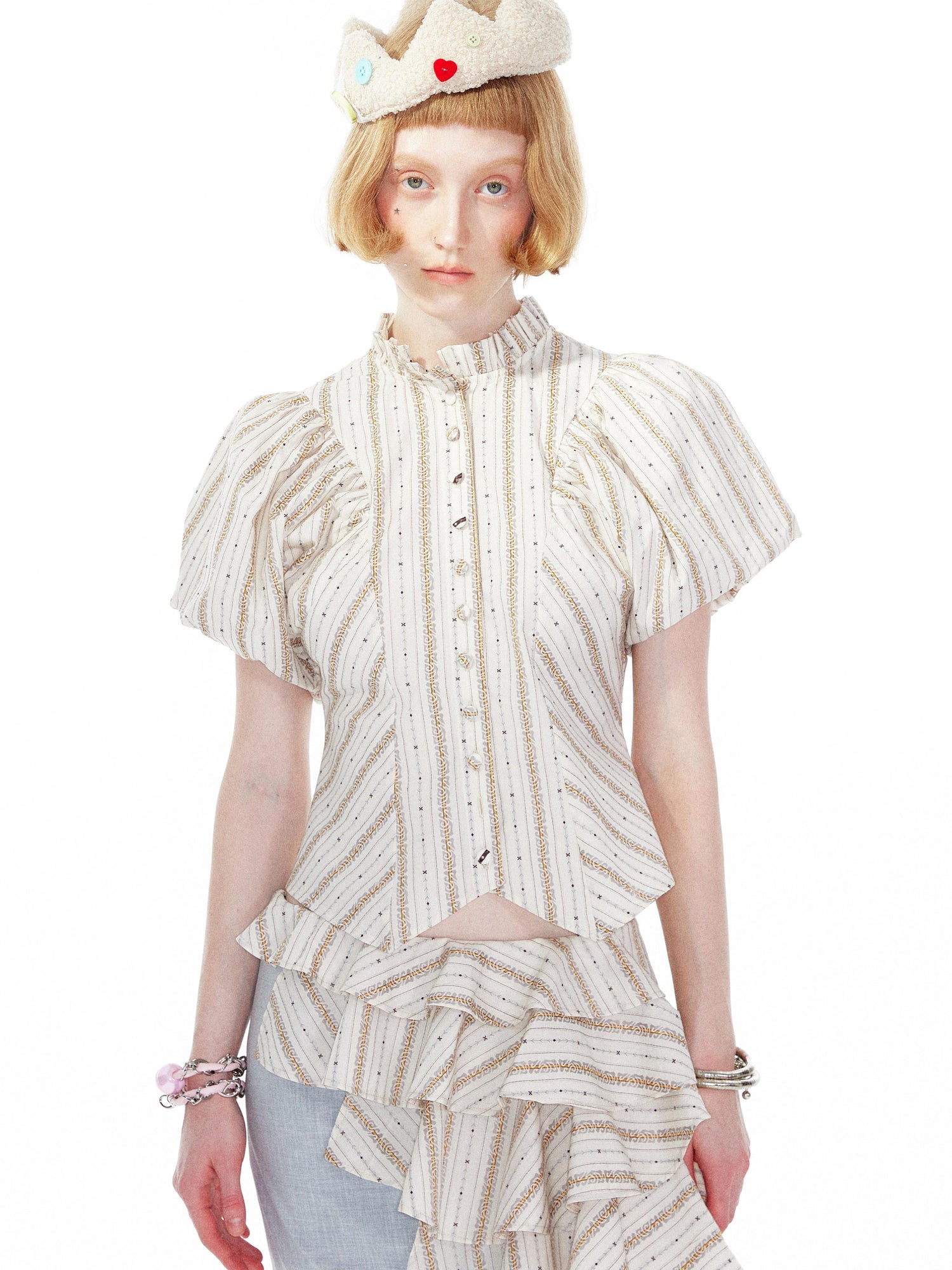 YOSHUYUKI Vintage Stripe Blouse With Puffed Sleeves