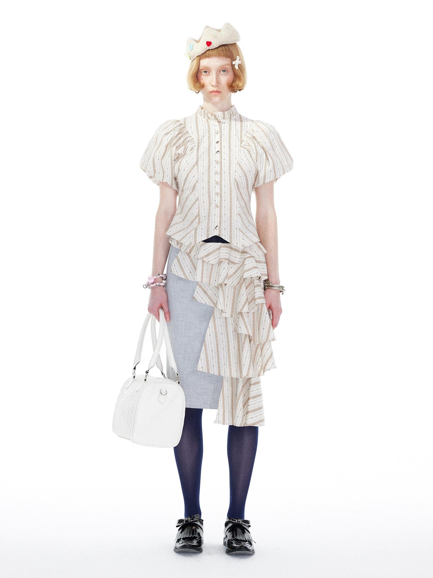 YOSHUYUKI Vintage Stripe Blouse With Puffed Sleeves