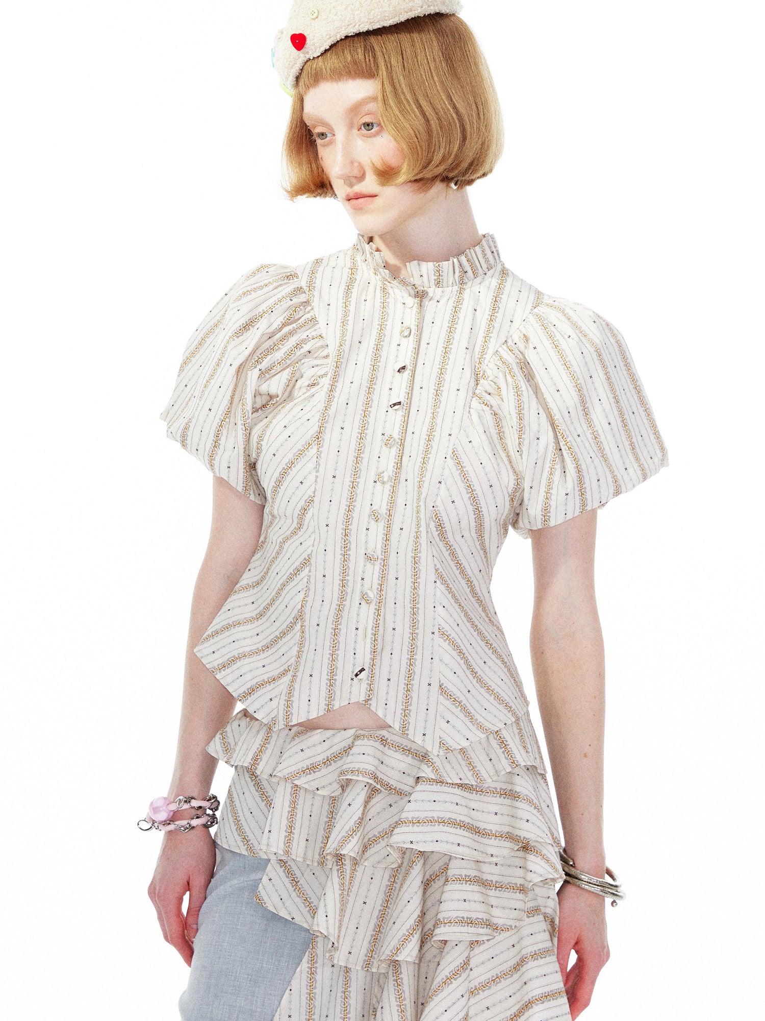 YOSHUYUKI Vintage Stripe Blouse With Puffed Sleeves