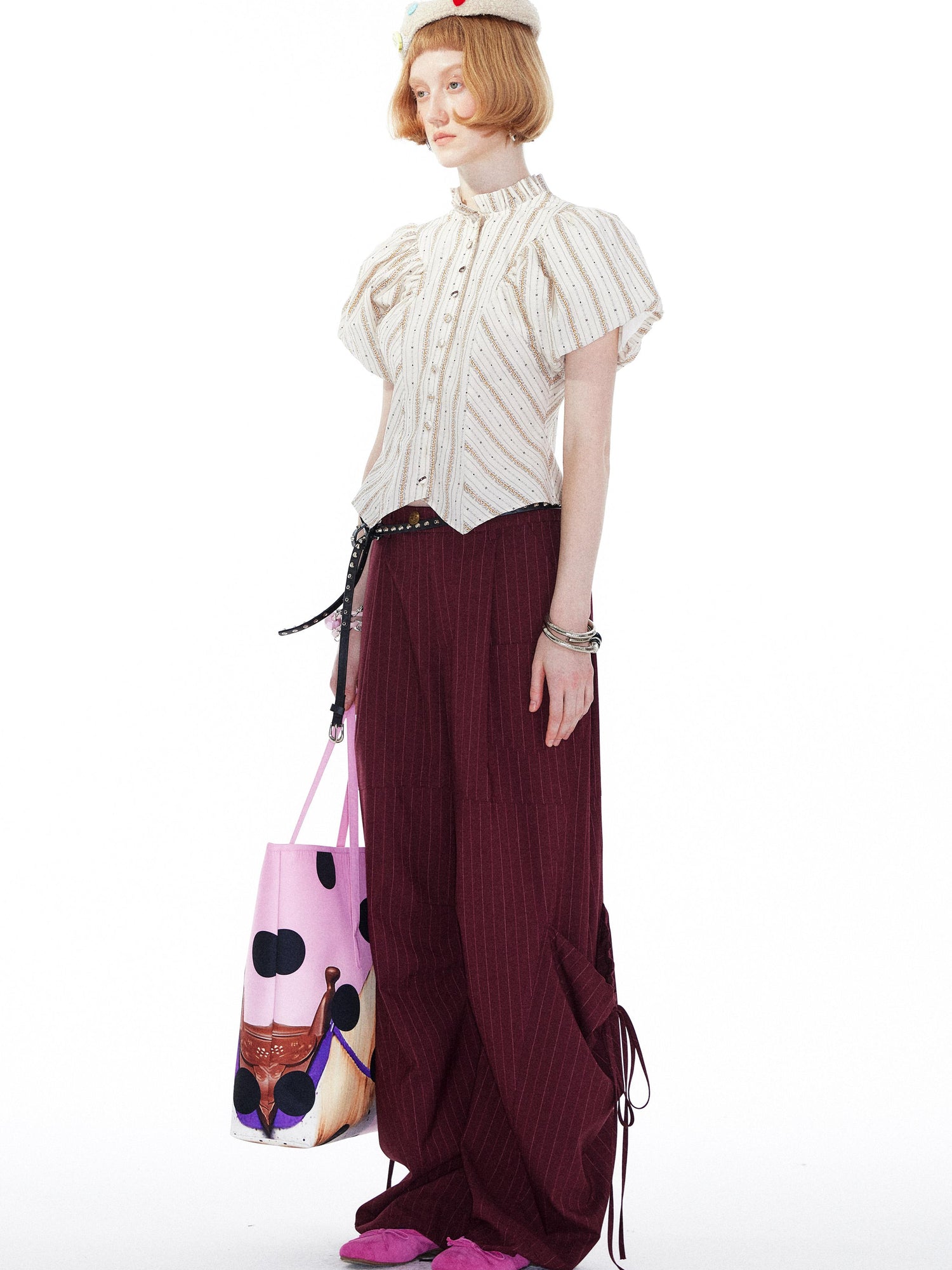 YOSHUYUKI Vintage Stripe Blouse With Puffed Sleeves