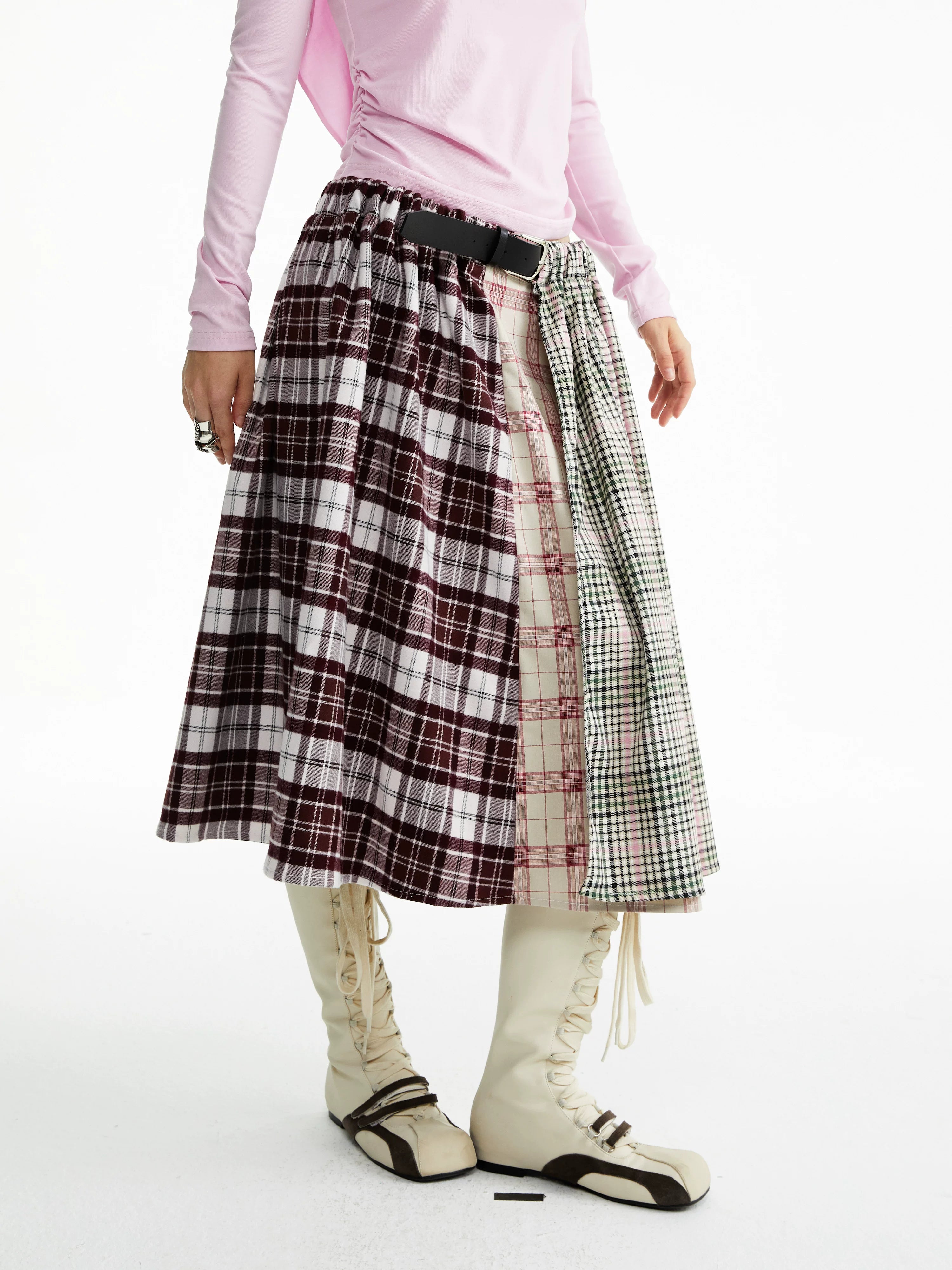 YOSHUYUKI Vintage Tie Waist Asymmetric Patchwork Plaid Tencel Loose Midi Skirt-1