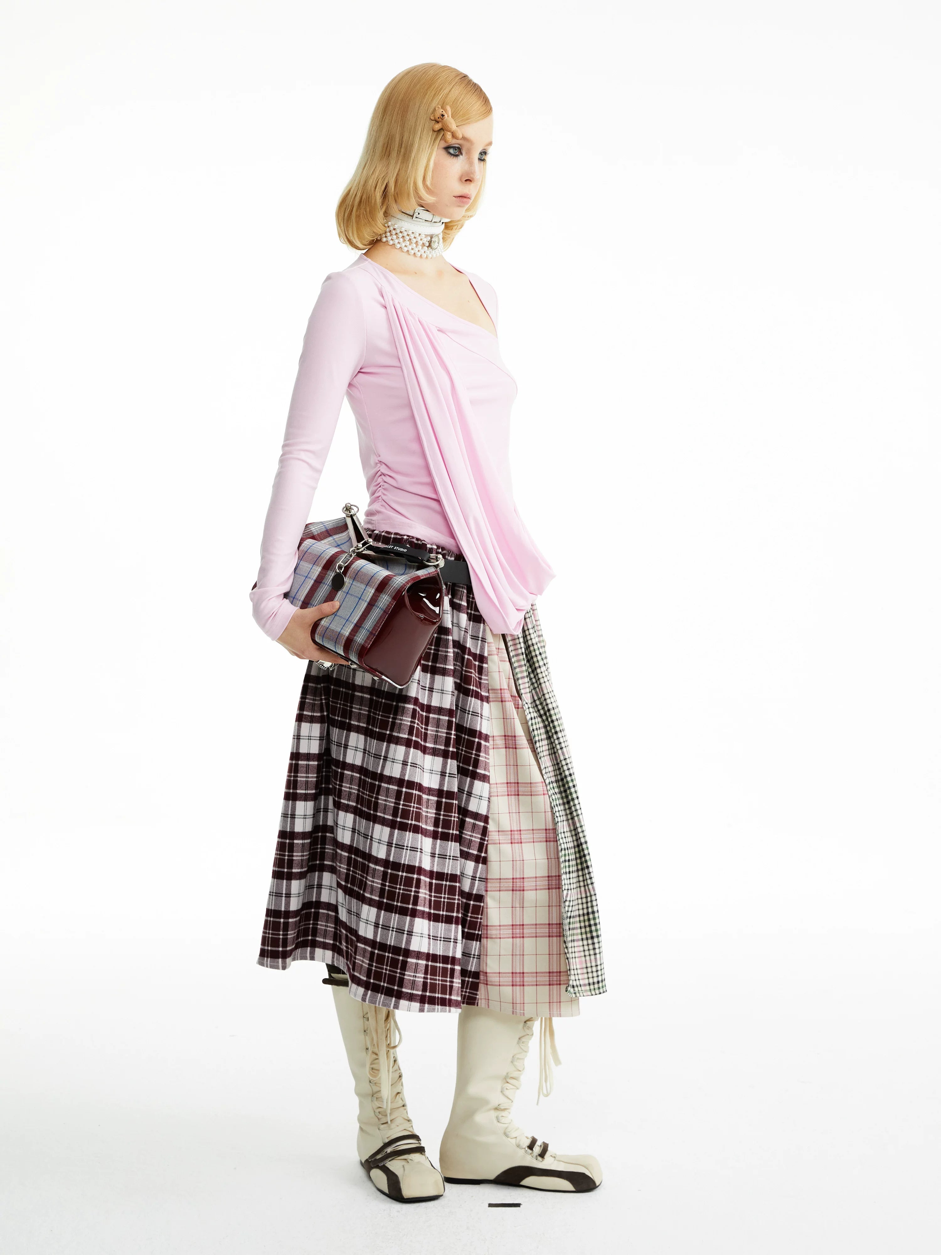 YOSHUYUKI Vintage Tie Waist Asymmetric Patchwork Plaid Tencel Loose Midi Skirt-2