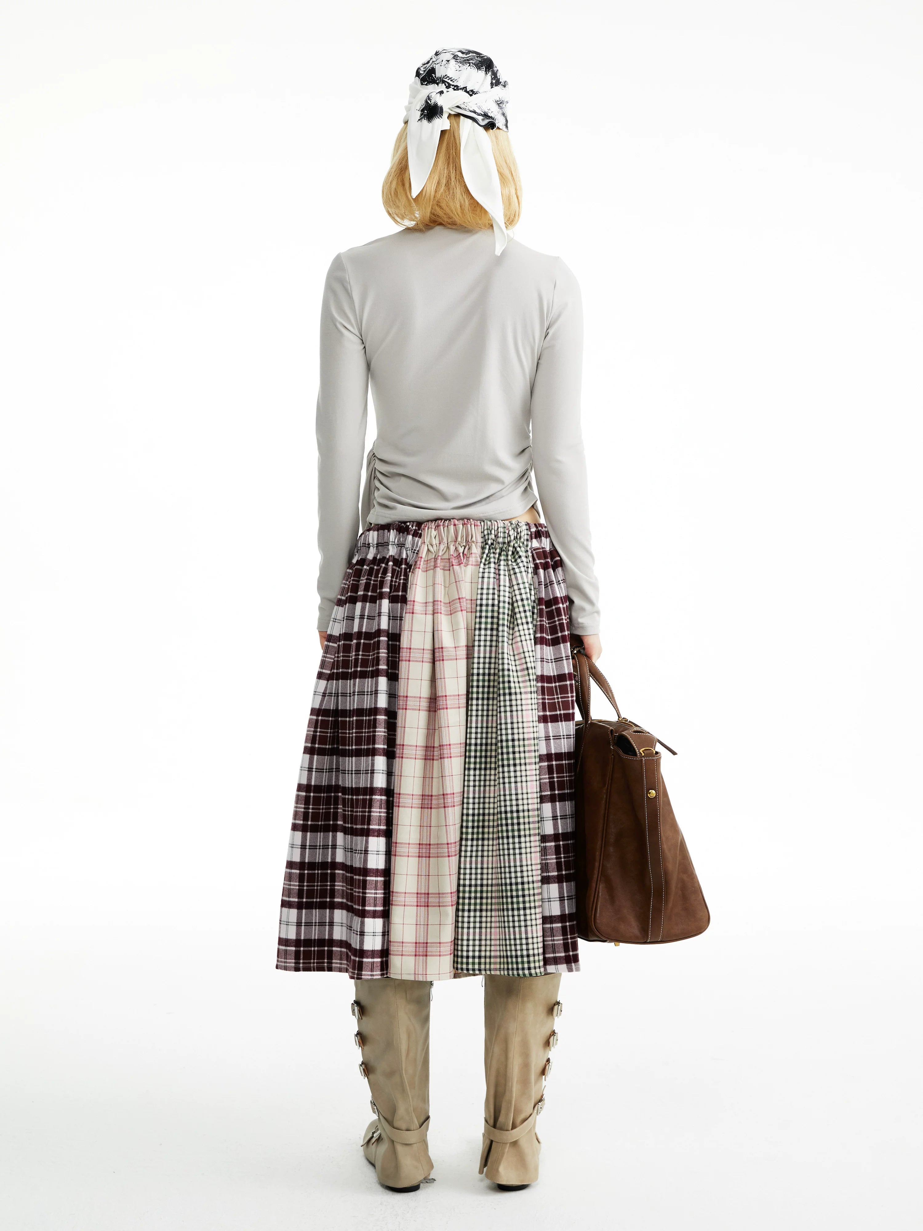 YOSHUYUKI Vintage Tie Waist Asymmetric Patchwork Plaid Tencel Loose Midi Skirt-3