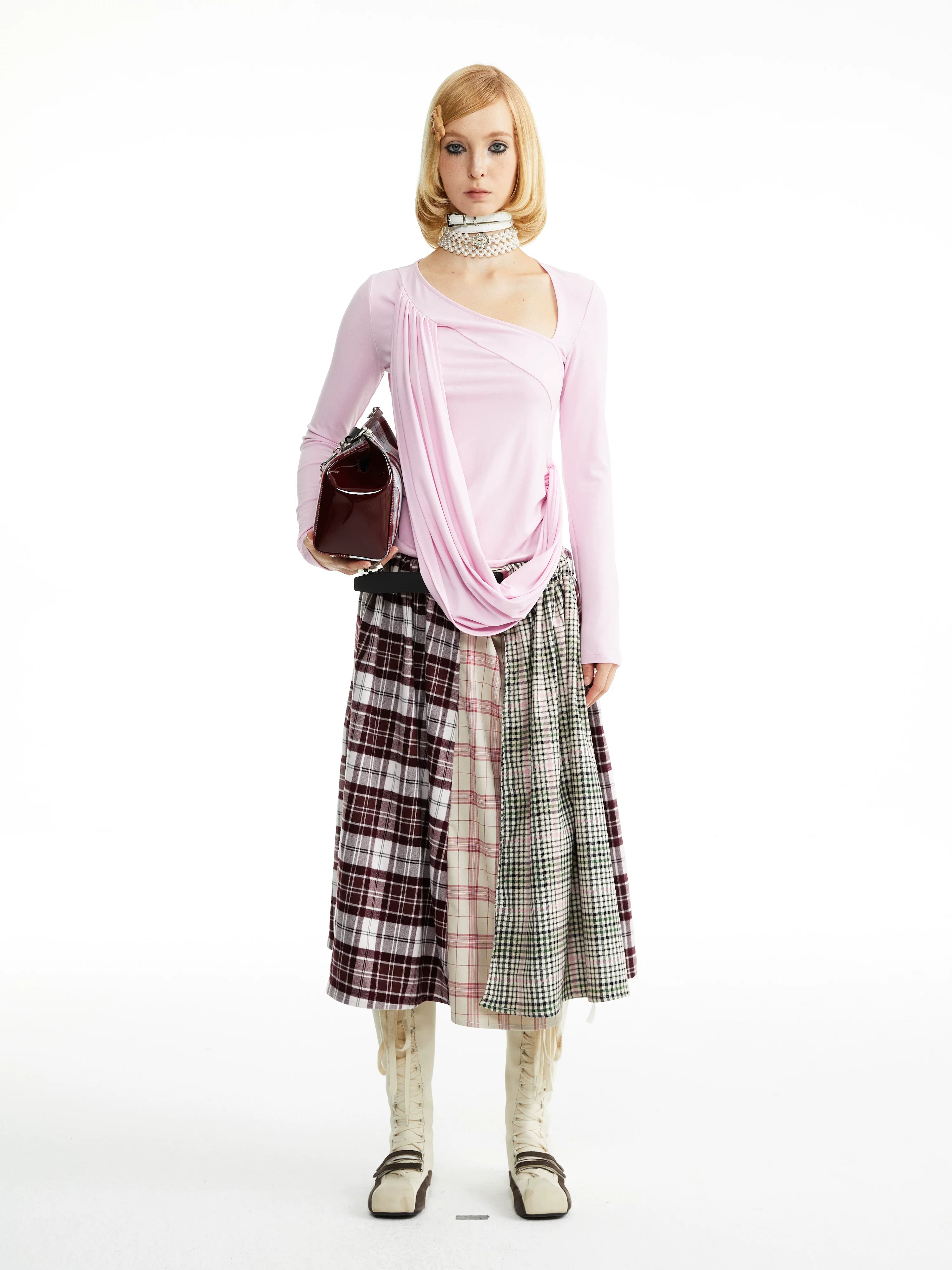 YOSHUYUKI Vintage Tie Waist Asymmetric Patchwork Plaid Tencel Loose Midi Skirt-4