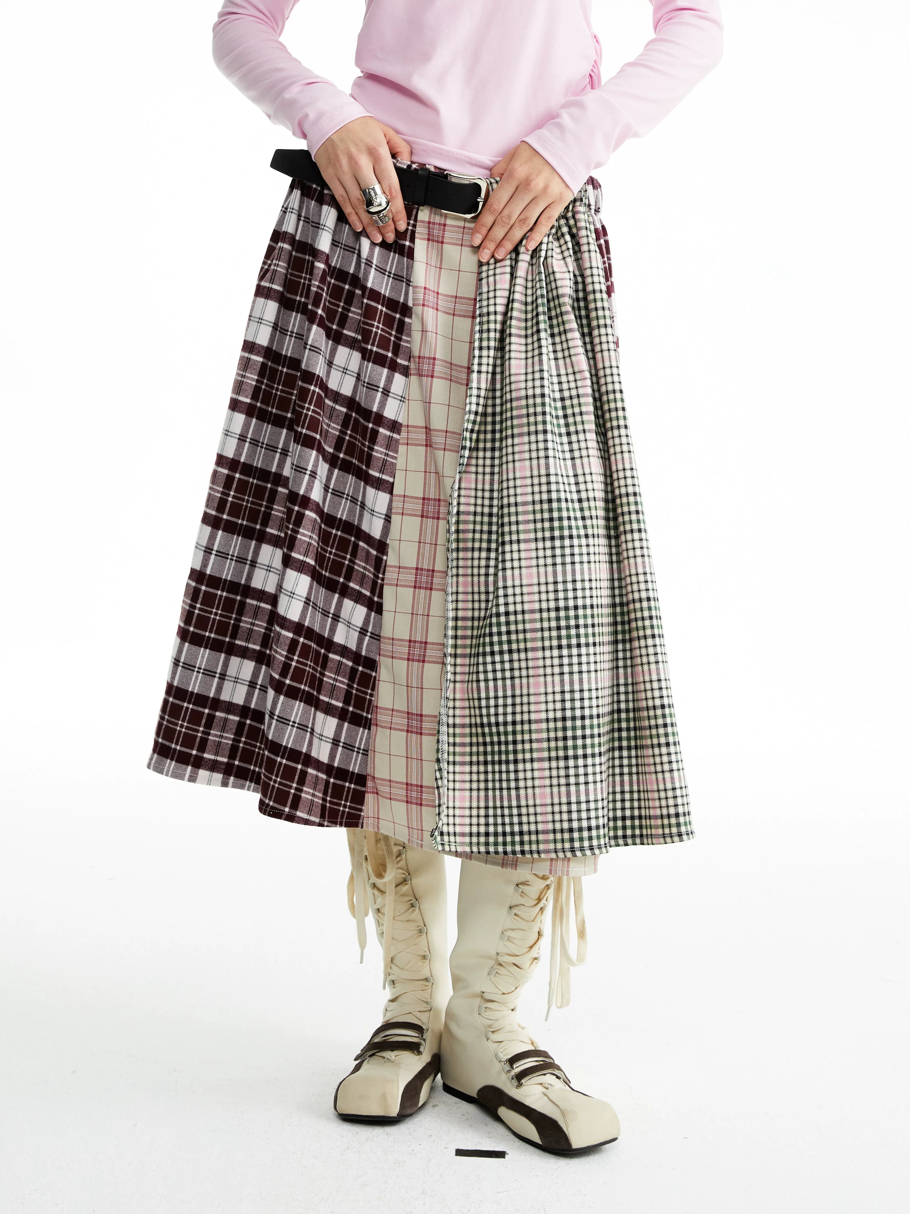 YOSHUYUKI Vintage Tie Waist Asymmetric Patchwork Plaid Tencel Loose Midi Skirt-5