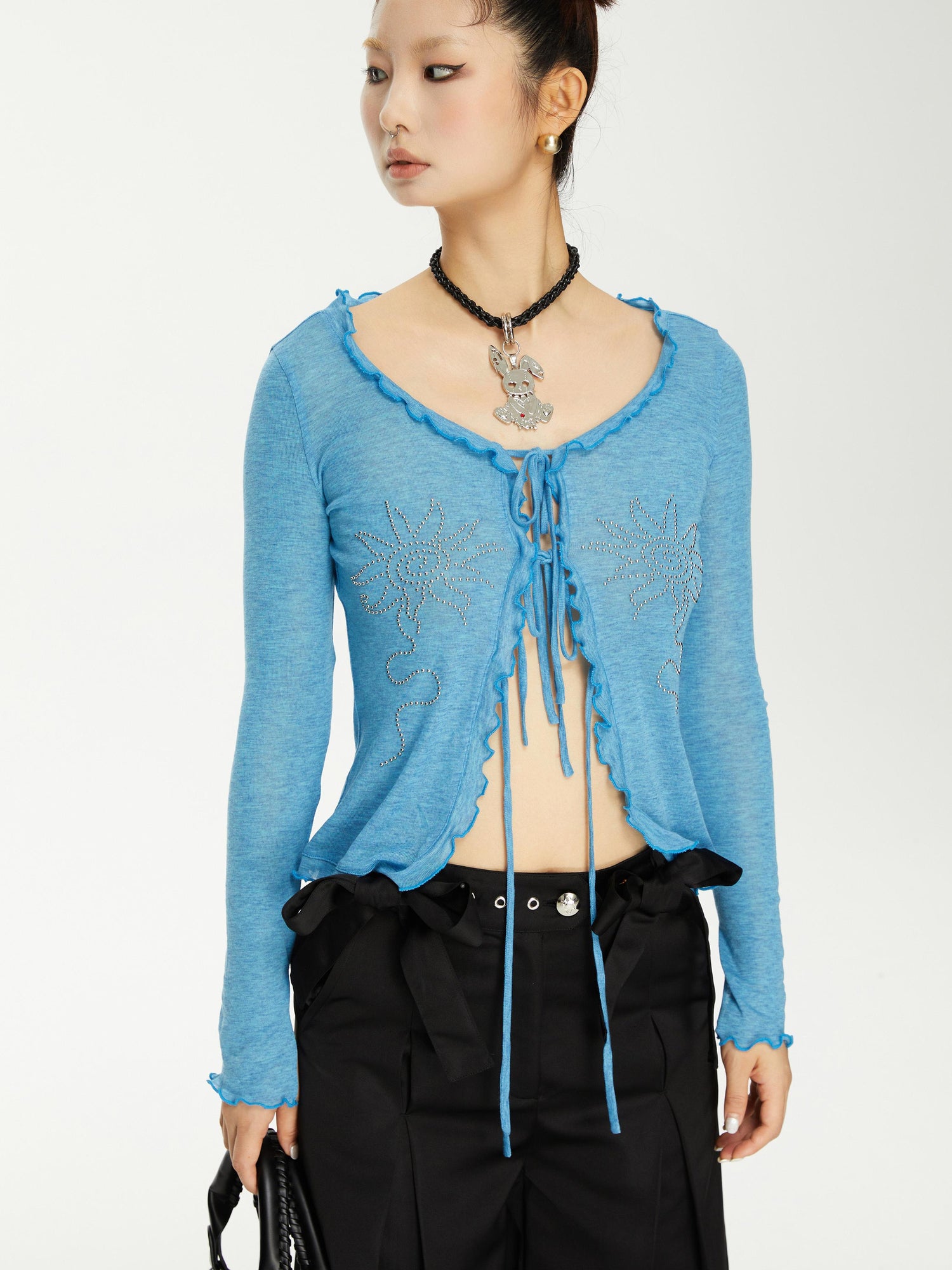 YOSHUYUKI Viscose Acrylic Wool Blend Blue Sheer Knit Cardigan