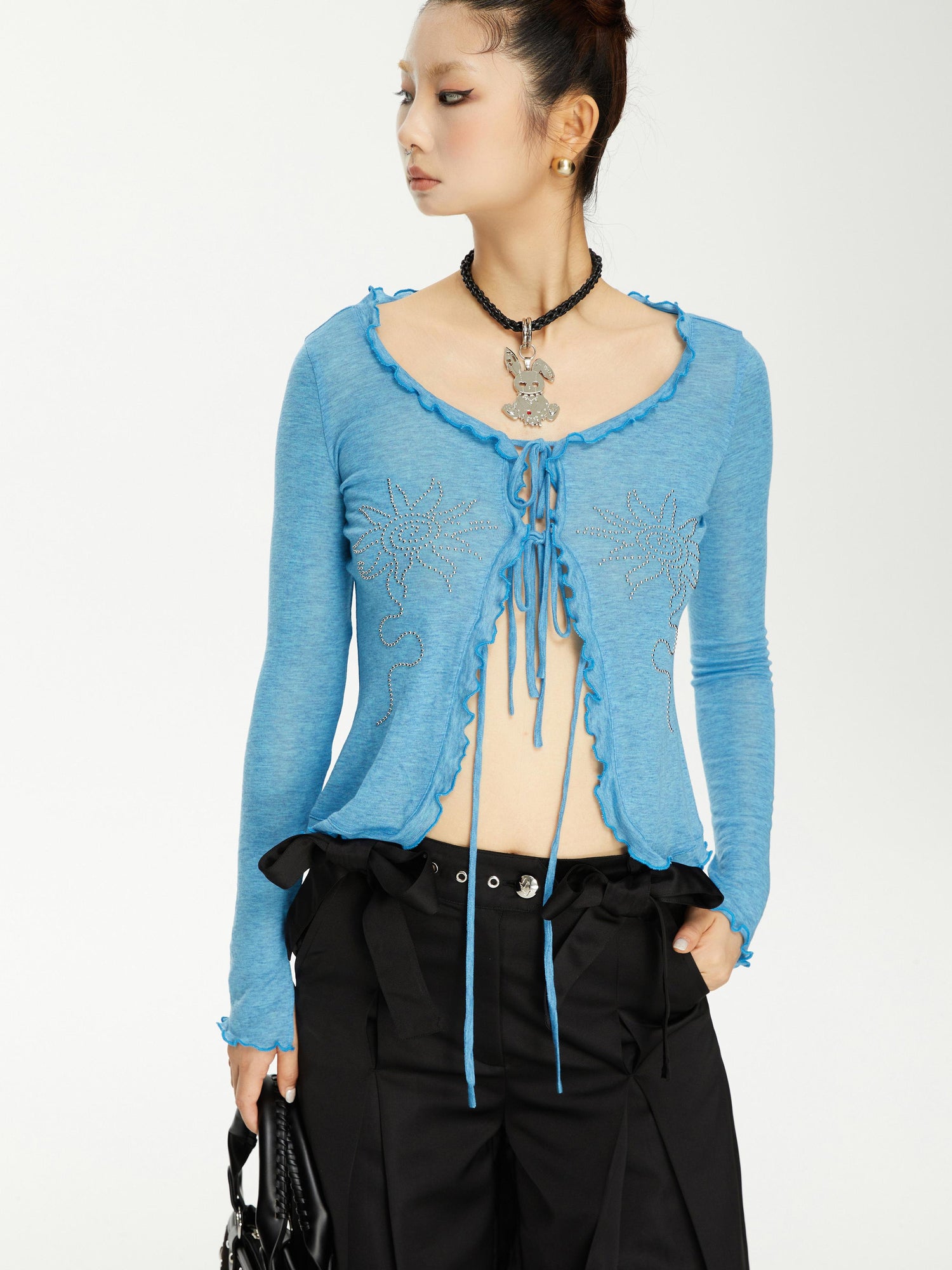 YOSHUYUKI Viscose Acrylic Wool Blend Blue Sheer Knit Cardigan