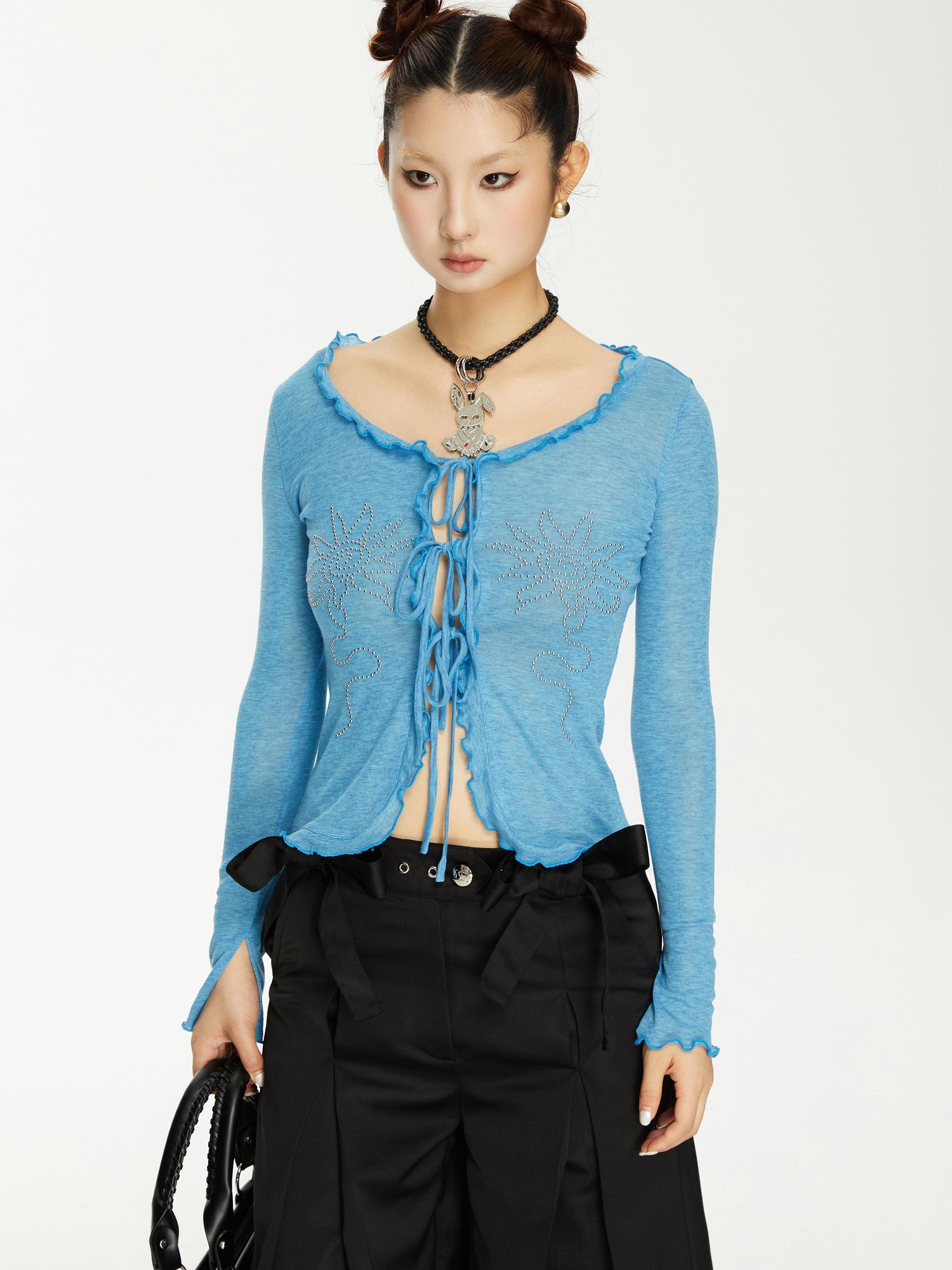 YOSHUYUKI Viscose Acrylic Wool Blend Blue Sheer Knit Cardigan