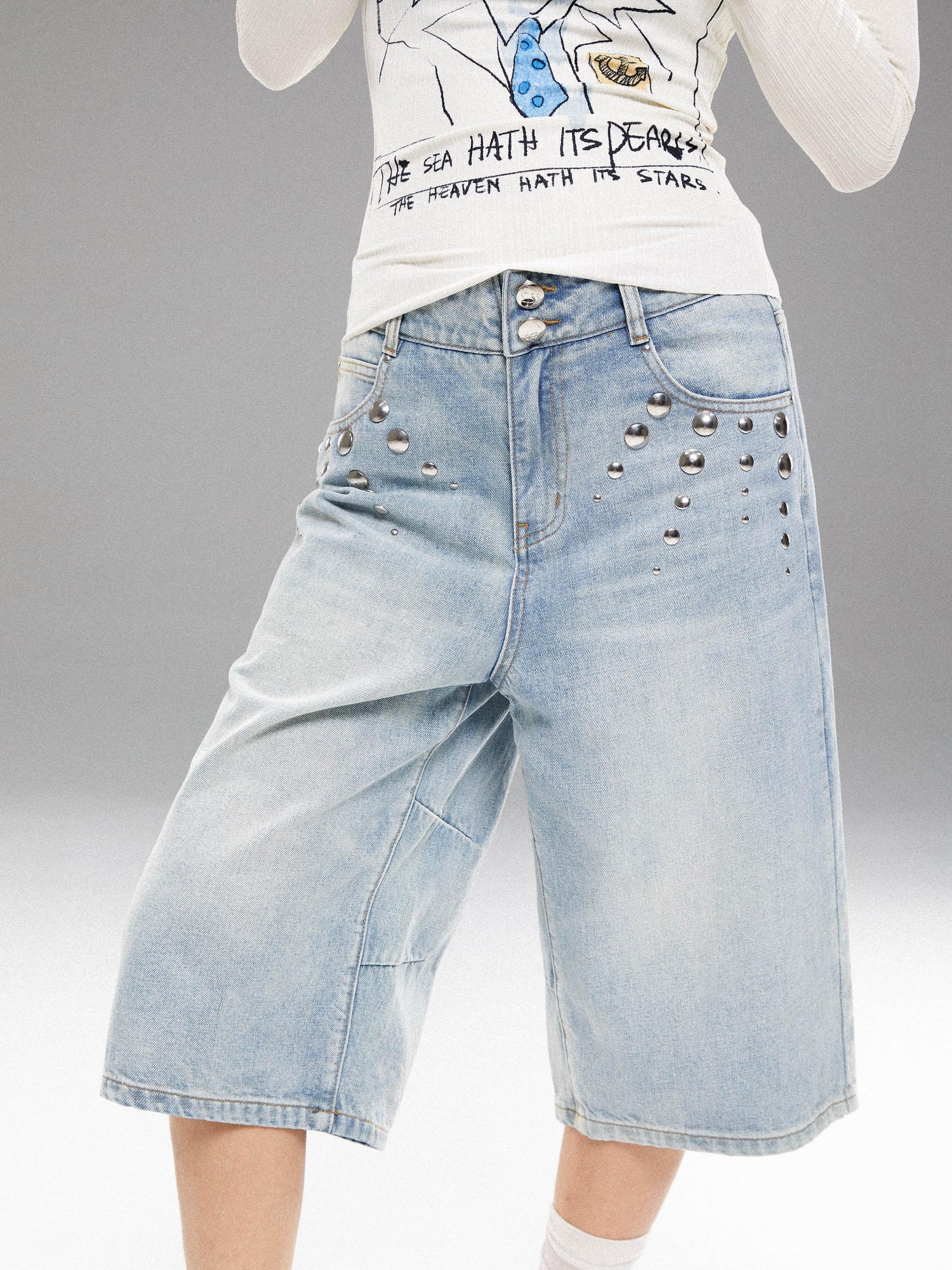 YOSHUYUKI Washed Blue Denim Mid Shorts With Metal Rivets