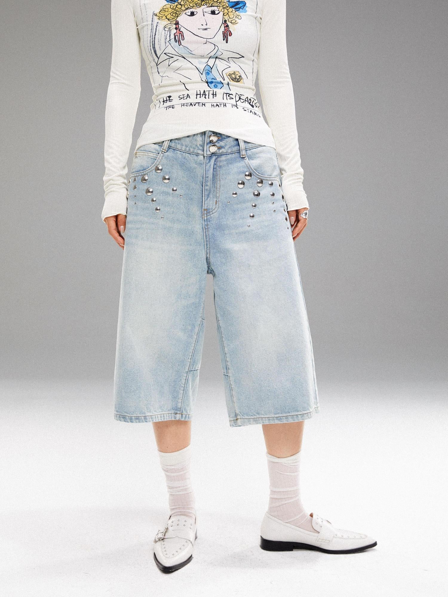 YOSHUYUKI Washed Blue Denim Mid Shorts With Metal Rivets