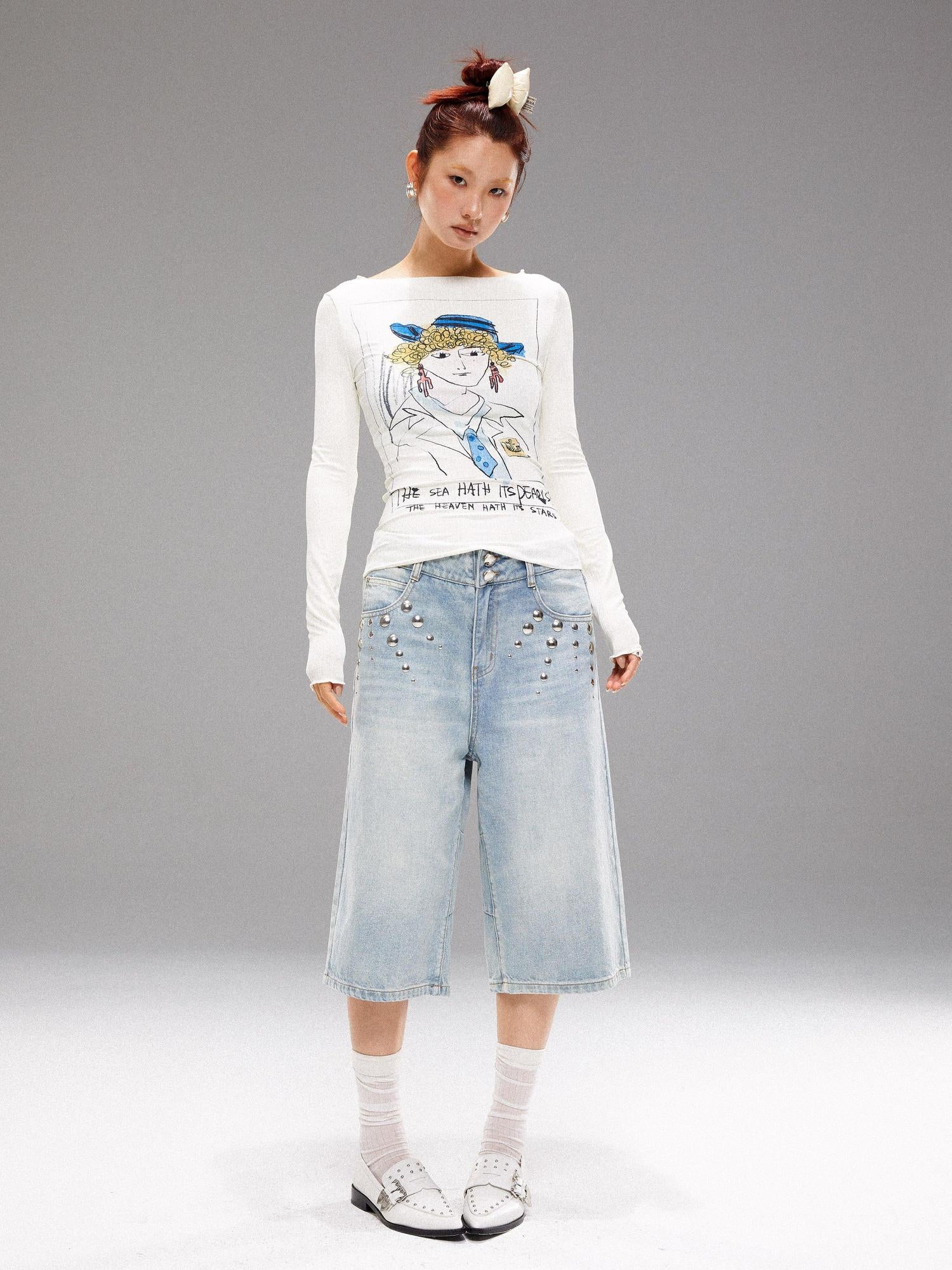 YOSHUYUKI Washed Blue Denim Mid Shorts With Metal Rivets