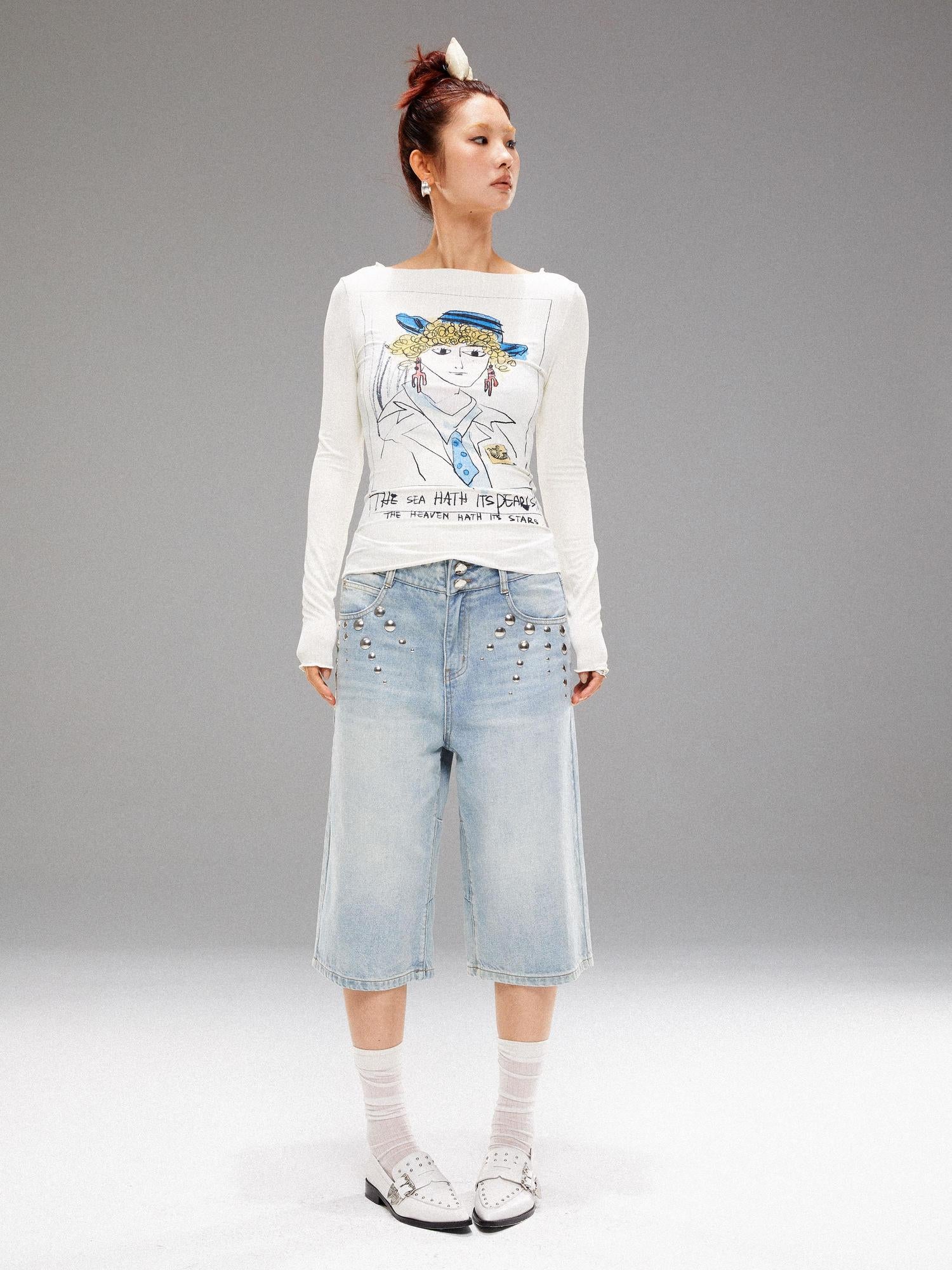 YOSHUYUKI Washed Blue Denim Mid Shorts With Metal Rivets