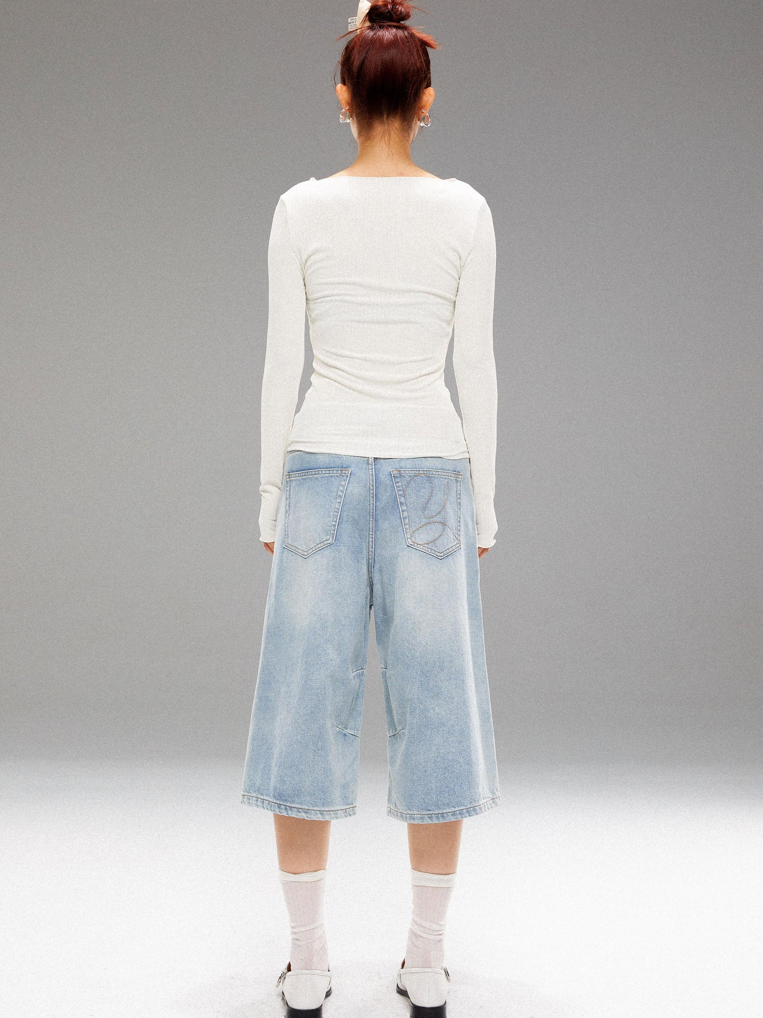 YOSHUYUKI Washed Blue Denim Mid Shorts With Metal Rivets