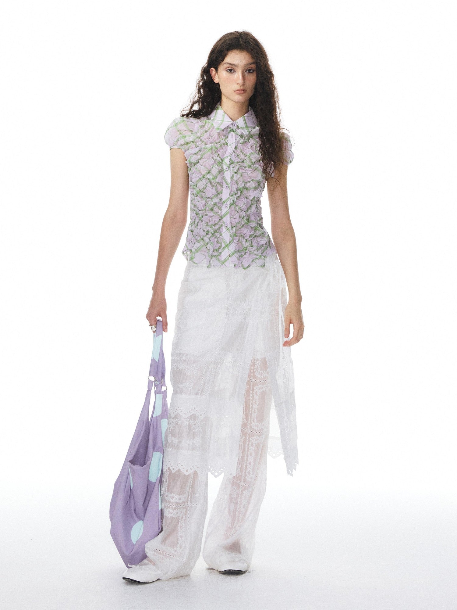 YOSHUYUKI White Jacquard Spliced Lace Trim Women&