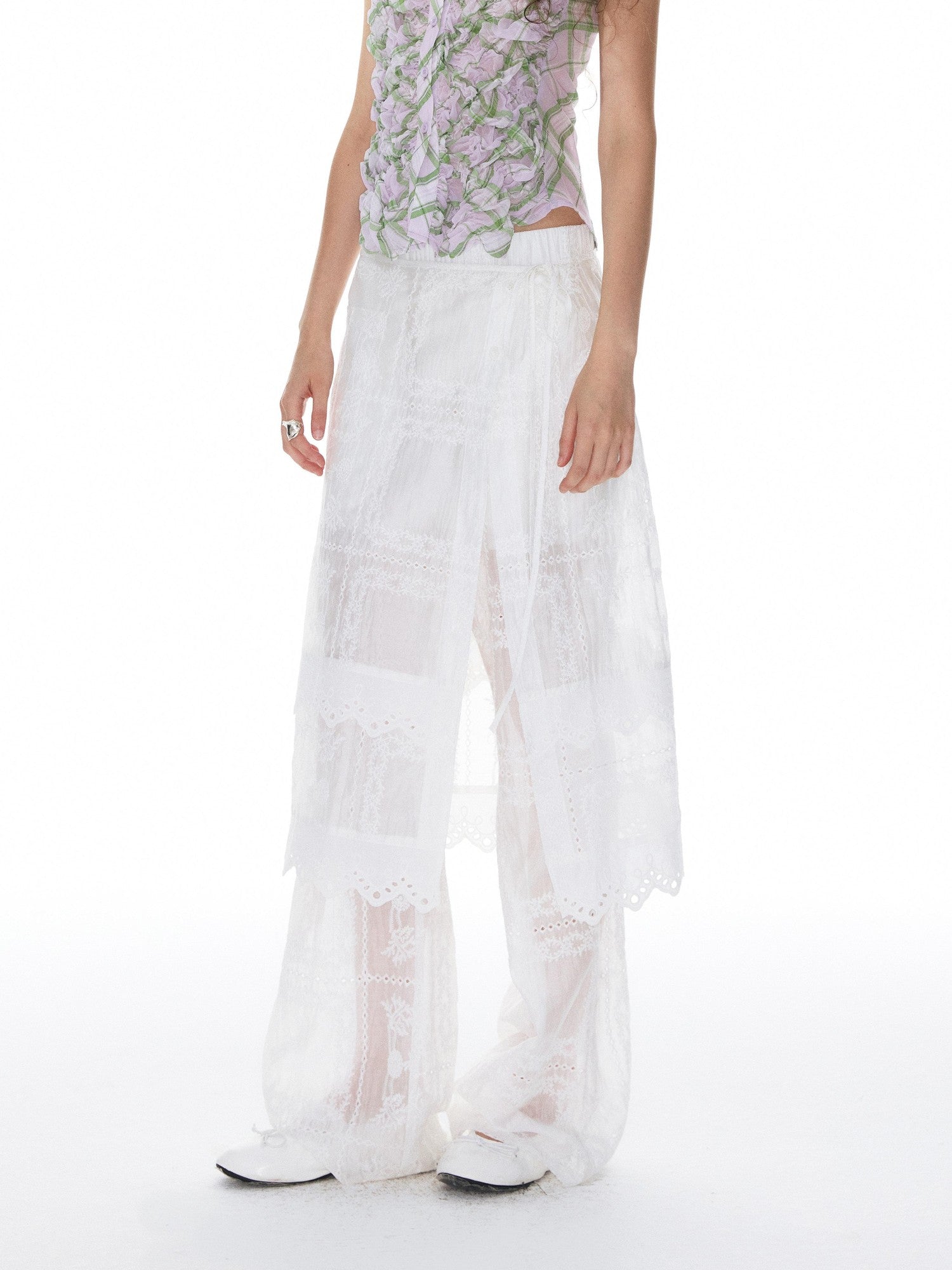 YOSHUYUKI White Jacquard Spliced Lace Trim Women&