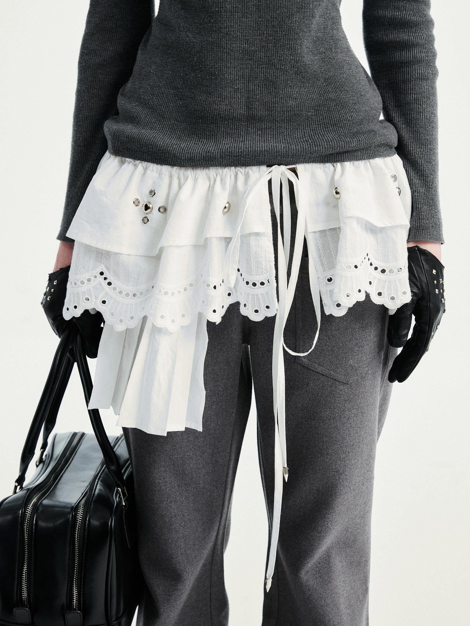 White Multi Layer Lace Asymmetric Waist Tie Punk Women&