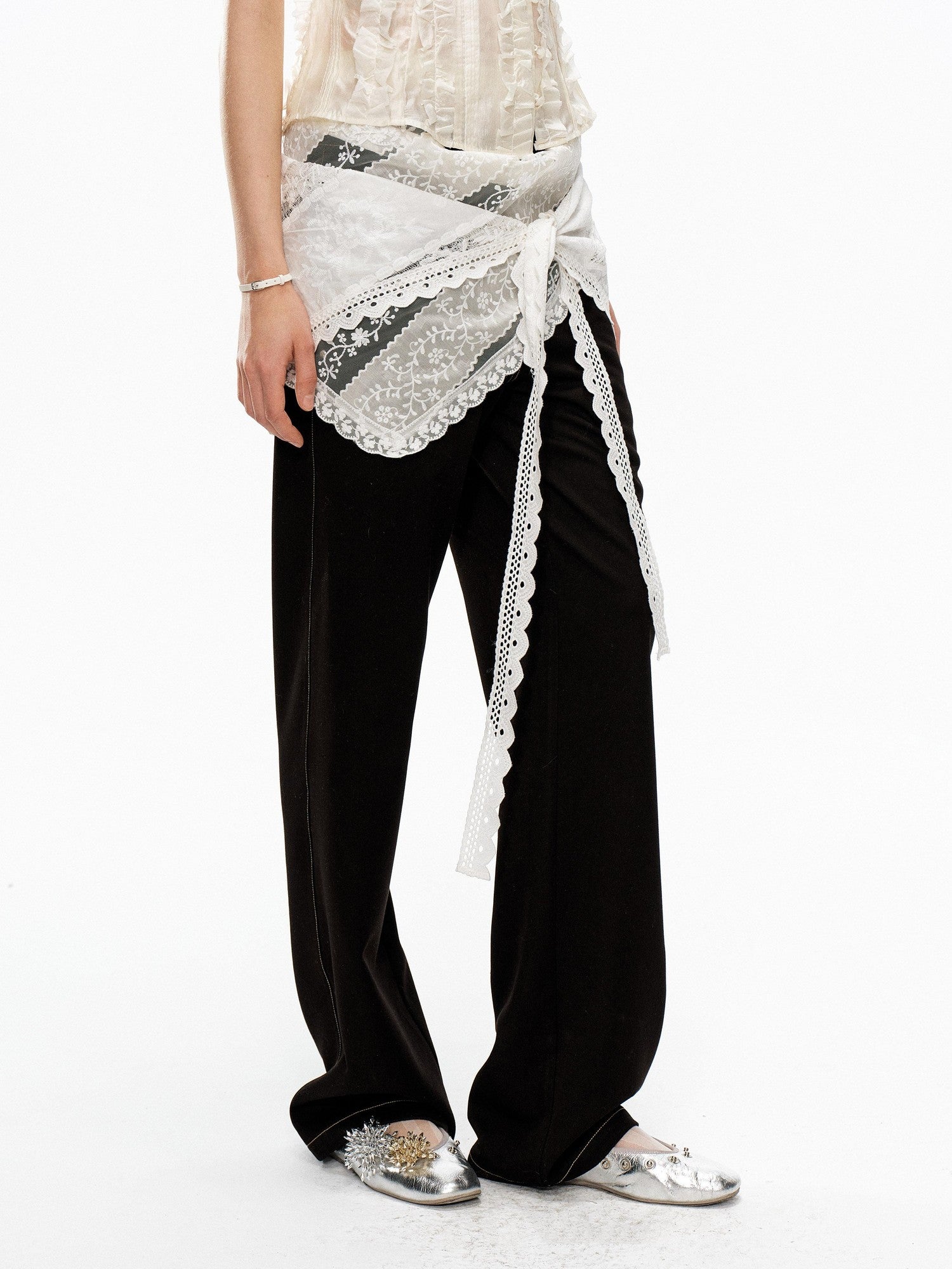 YOSHUYUKI White Ribbon Lace Embroidered Tie Triangle Floral Women&