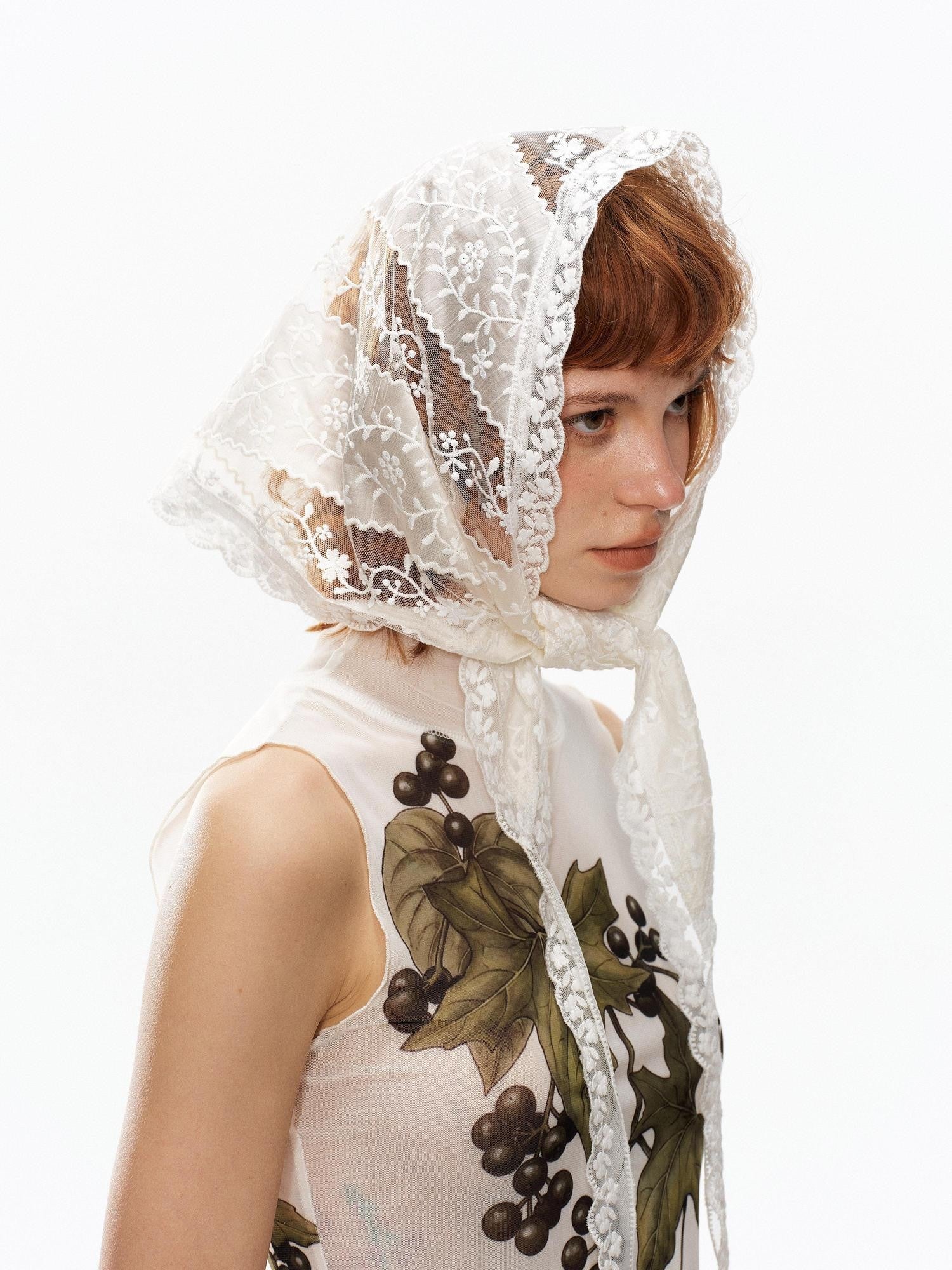 YOSHUYUKI White Ribbon Lace Embroidered Tie Triangle Floral Women&