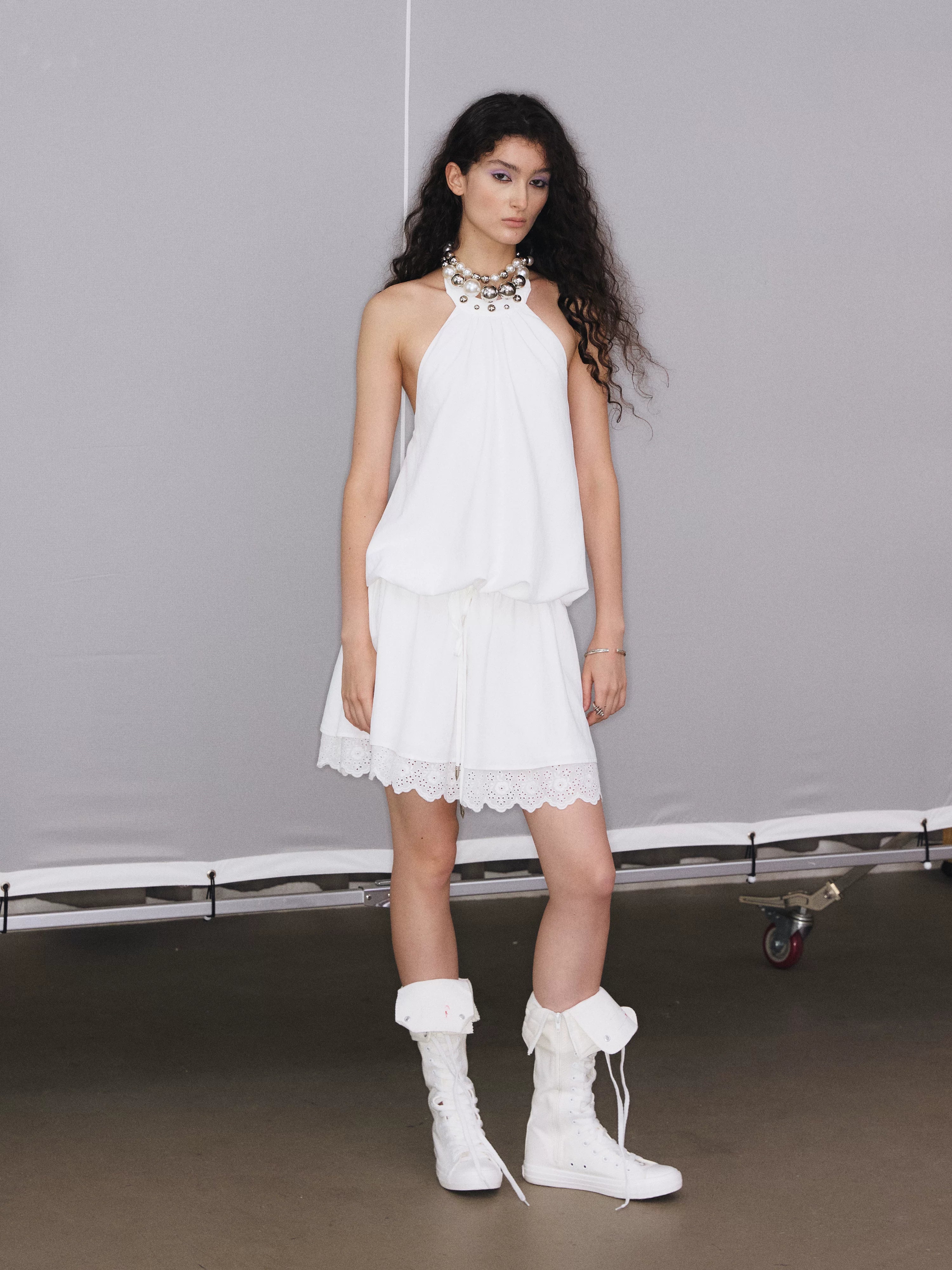 YOSHUYUKI White Studded Drawstring Low Rise A Line Women&
