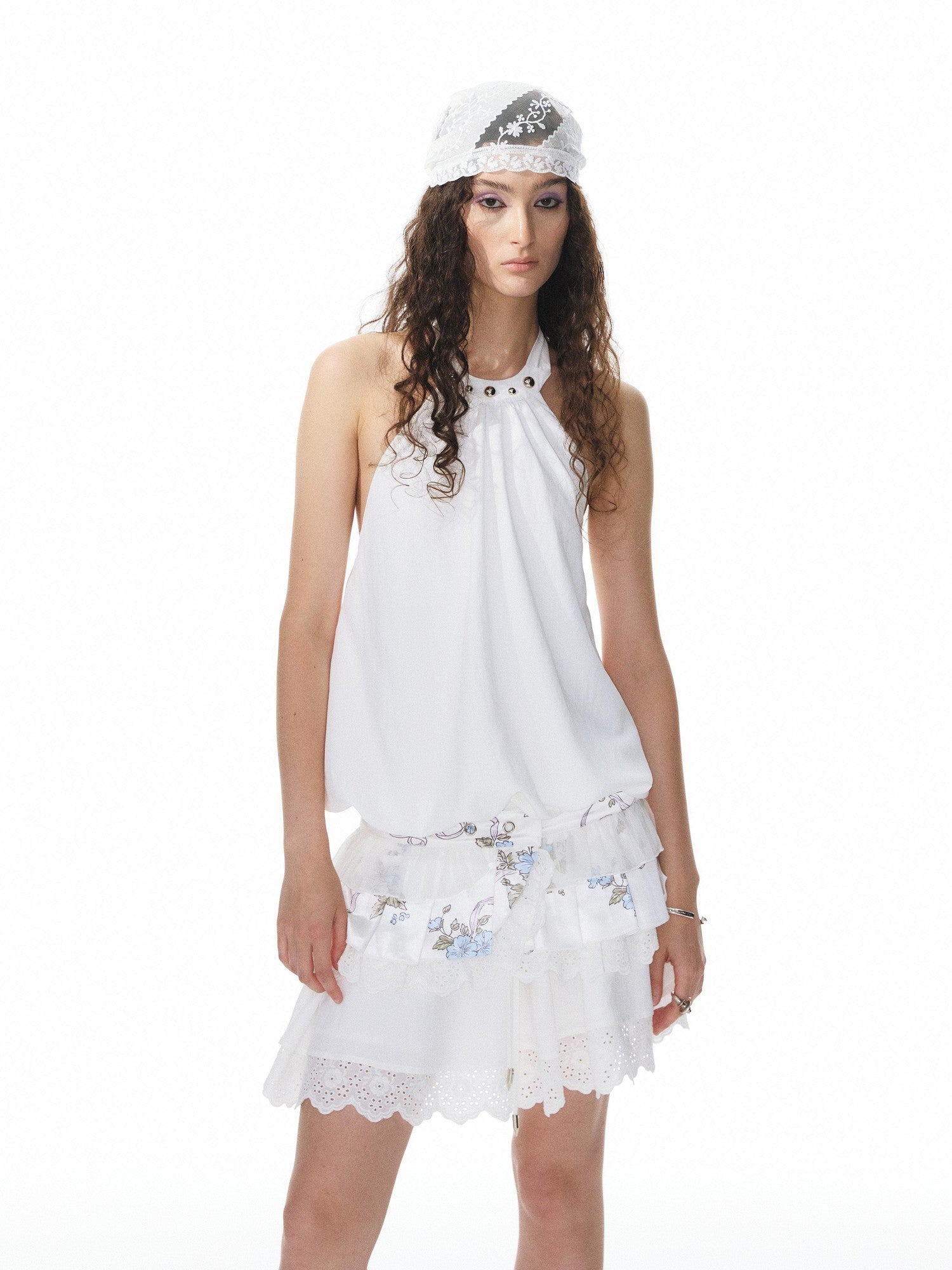YOSHUYUKI White Studded Drawstring Low Rise A Line Women&