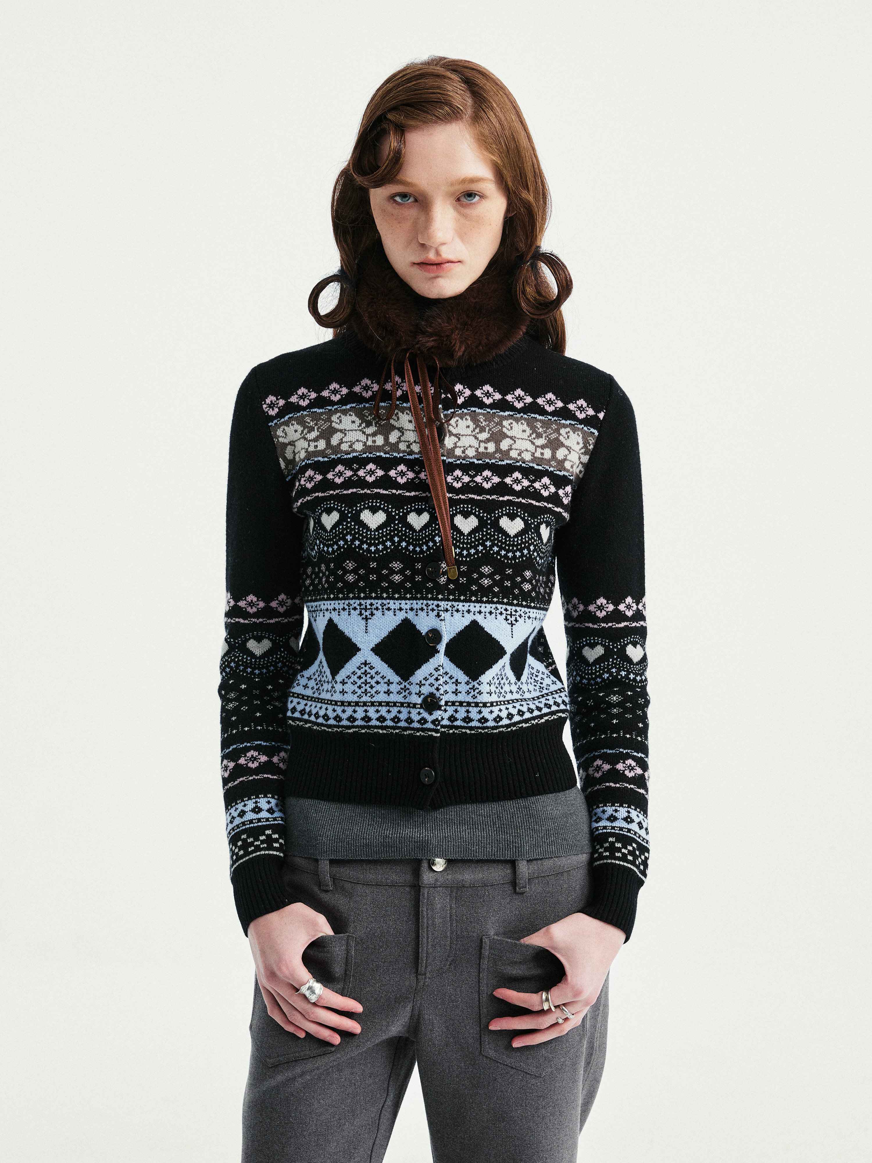 YOSHUYUKI_Wool_Blend_Jacquard_Cropped_Stand_Collar_Unisex_Bear_Button_Cardigans_MISSTT