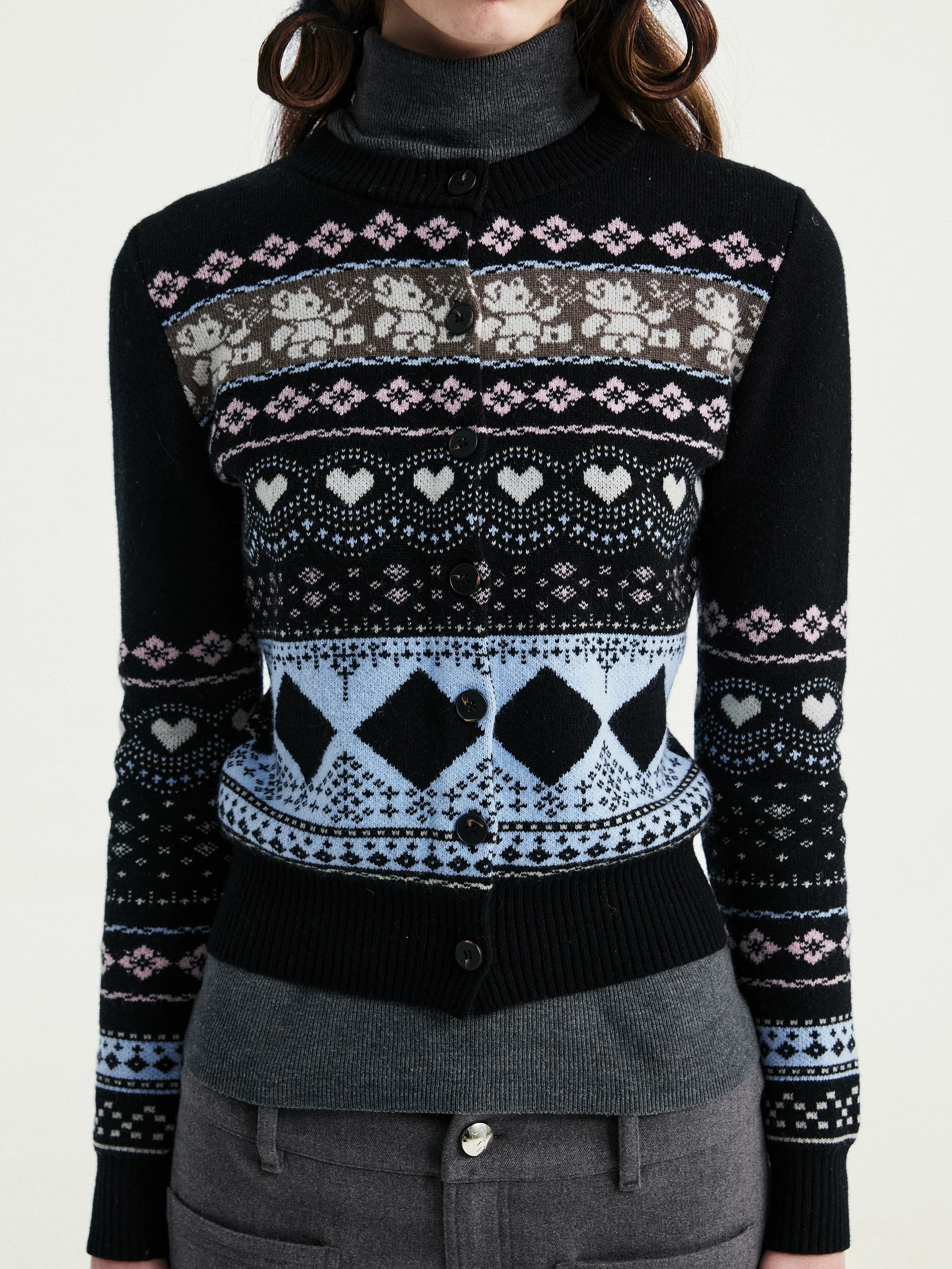 YOSHUYUKI Wool Blend Jacquard Cropped Stand Collar Unisex Bear Button Cardigans-3