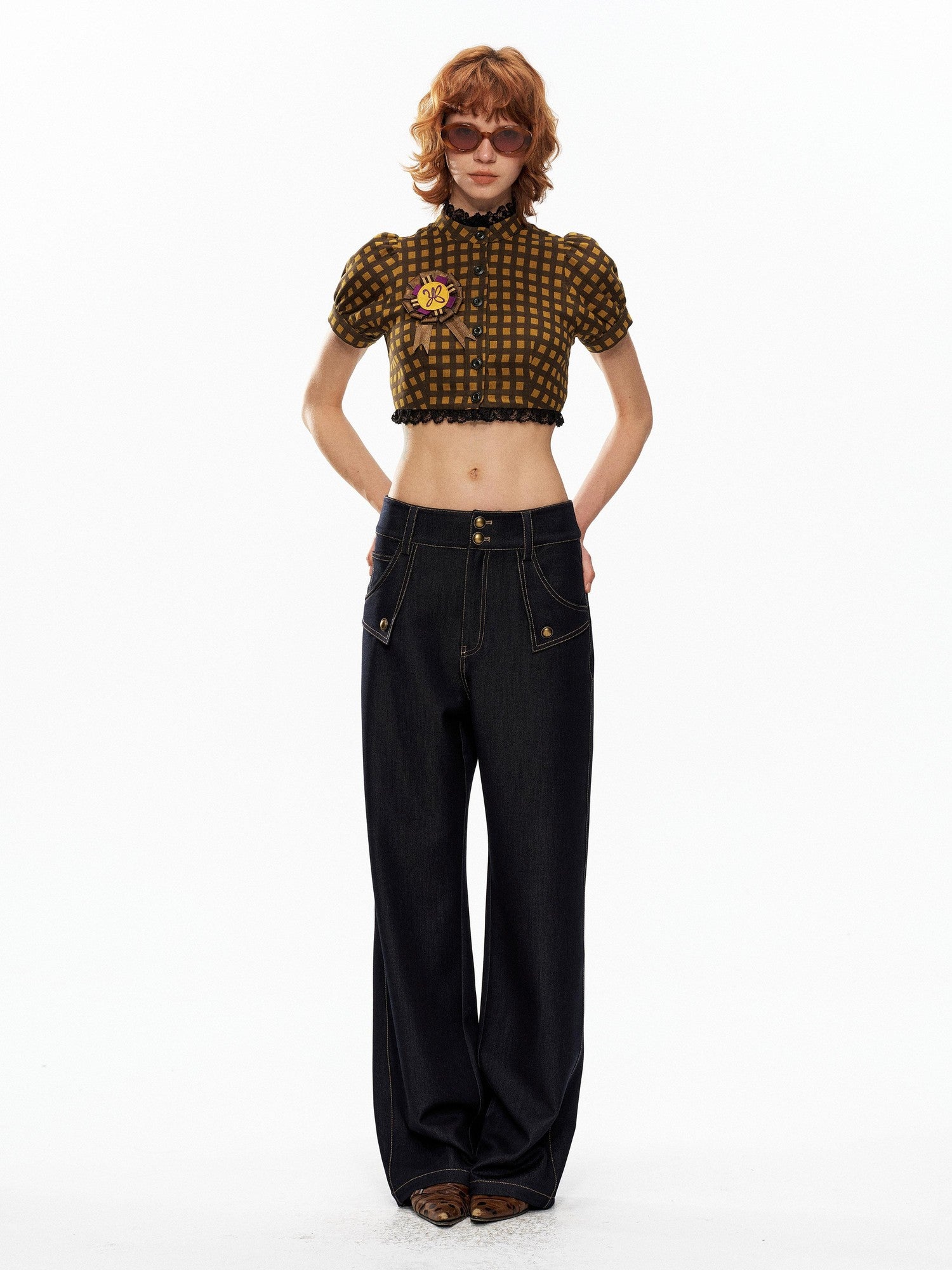 YOSHUYUKI Yellow Black Plaid Puff Sleeve Stand Collar Women&