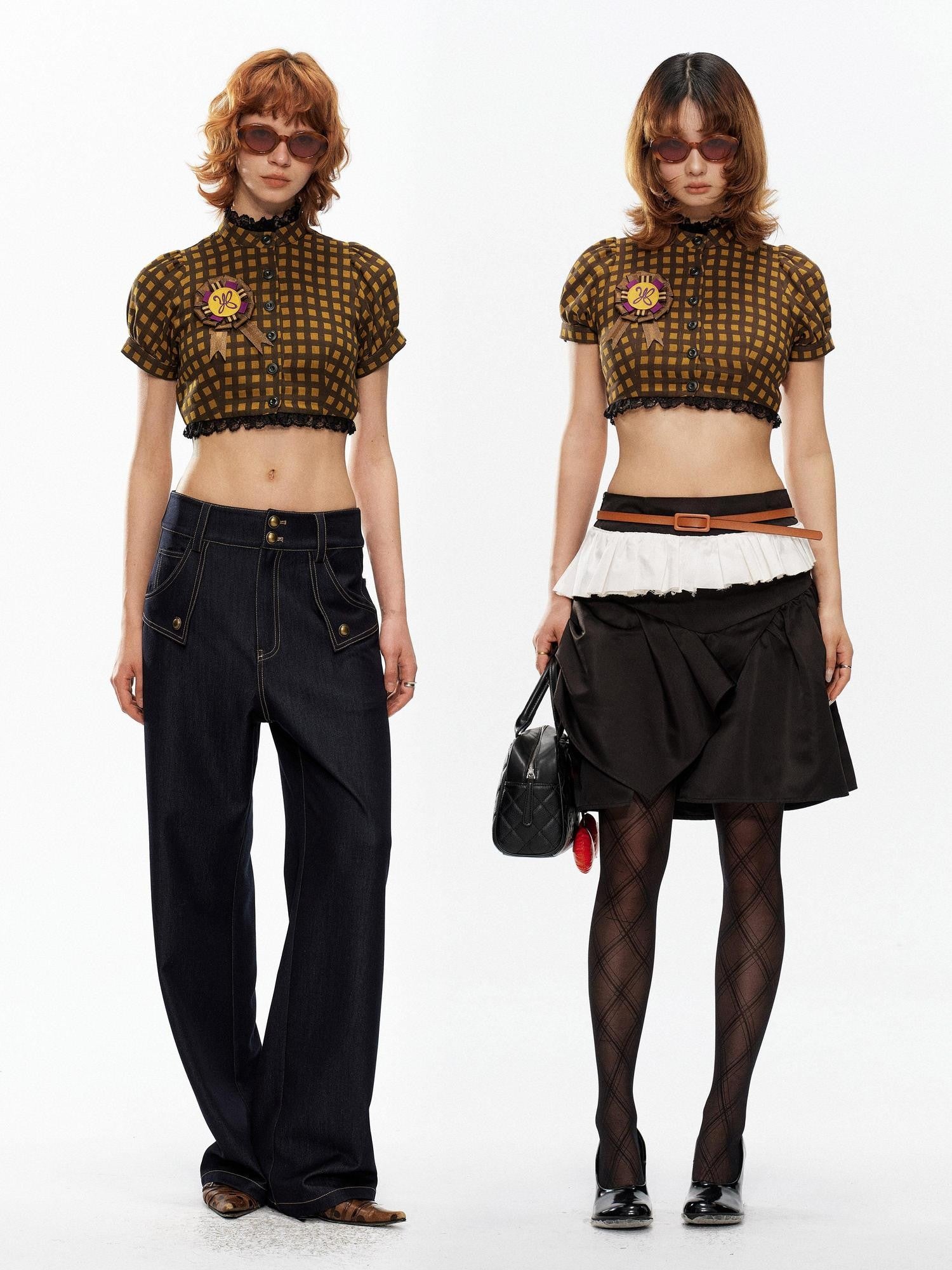 YOSHUYUKI Yellow Black Plaid Puff Sleeve Stand Collar Women&