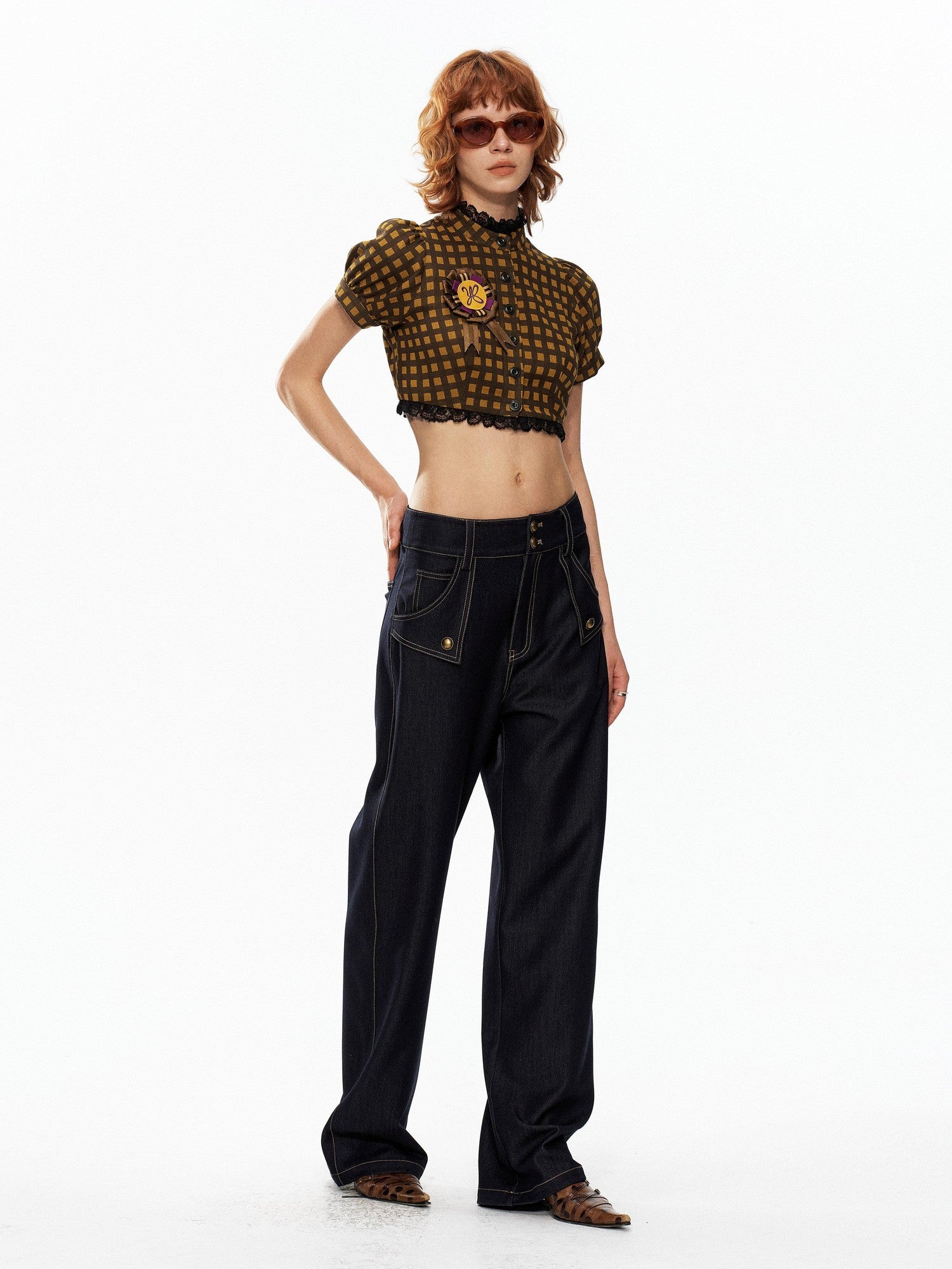 YOSHUYUKI Yellow Black Plaid Puff Sleeve Stand Collar Women&