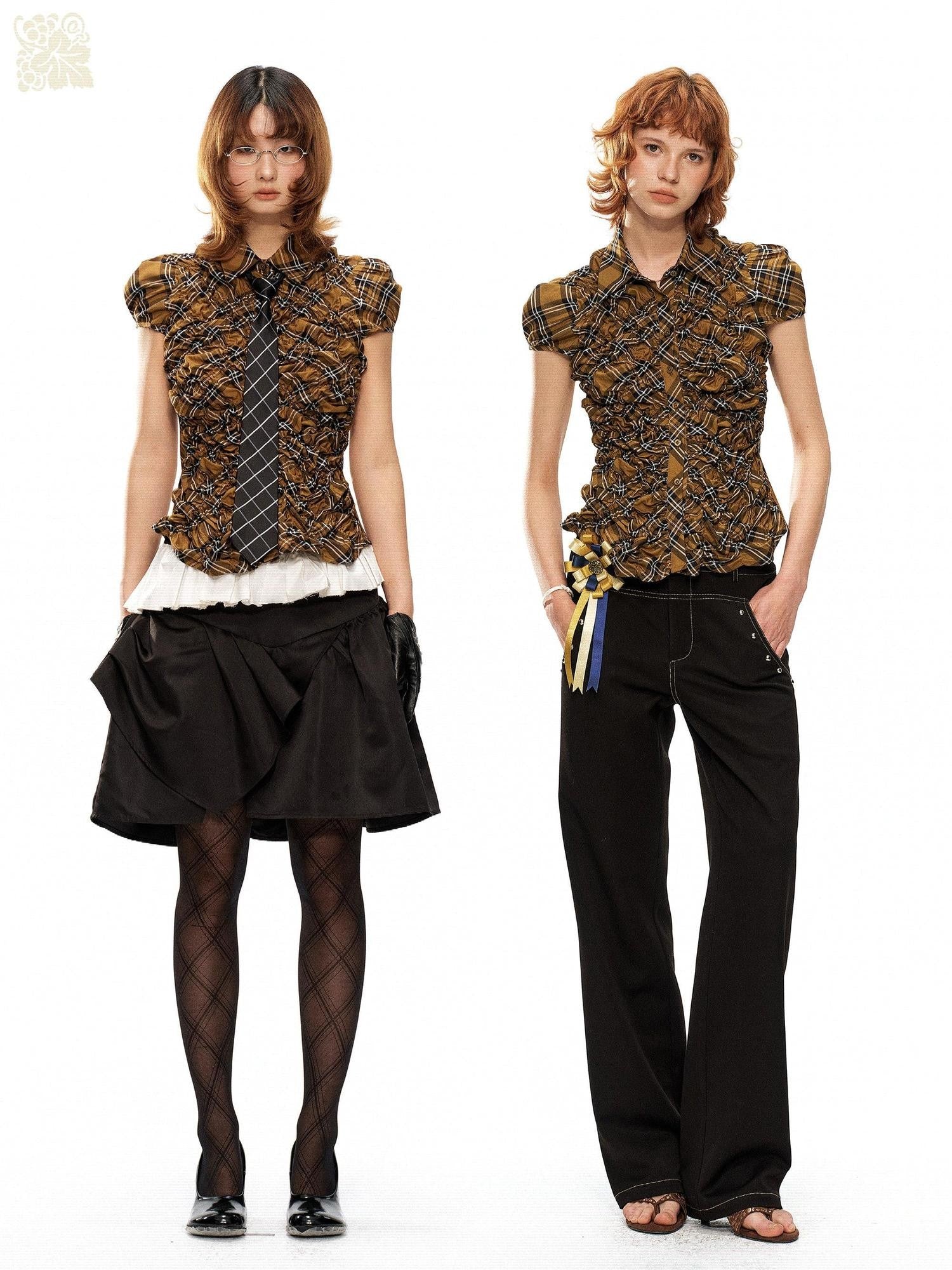 YOSHUYUKI Yellow Black Plaid Ruched Stretch Fitted Women&