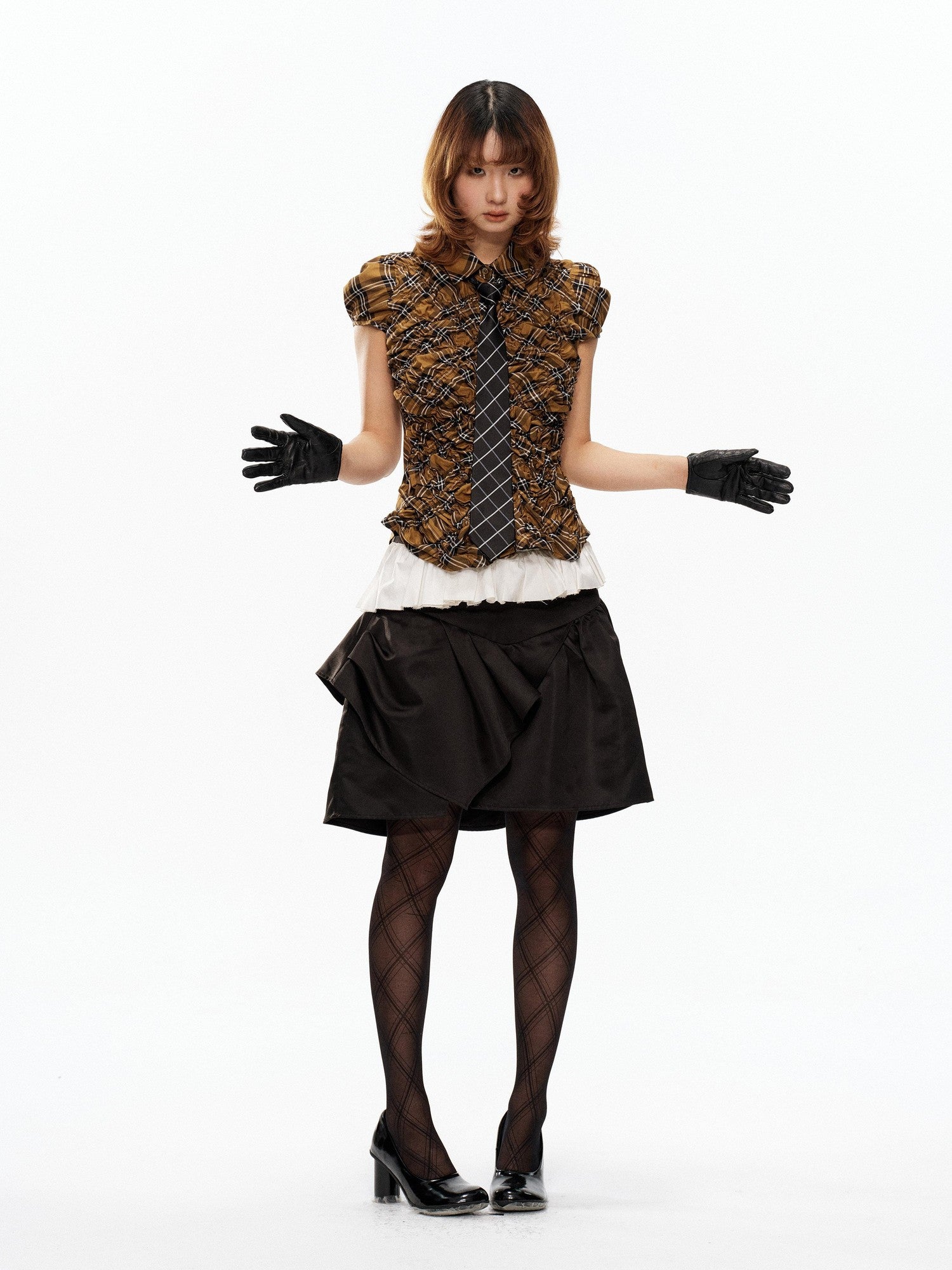 YOSHUYUKI Yellow Black Plaid Ruched Stretch Fitted Women&
