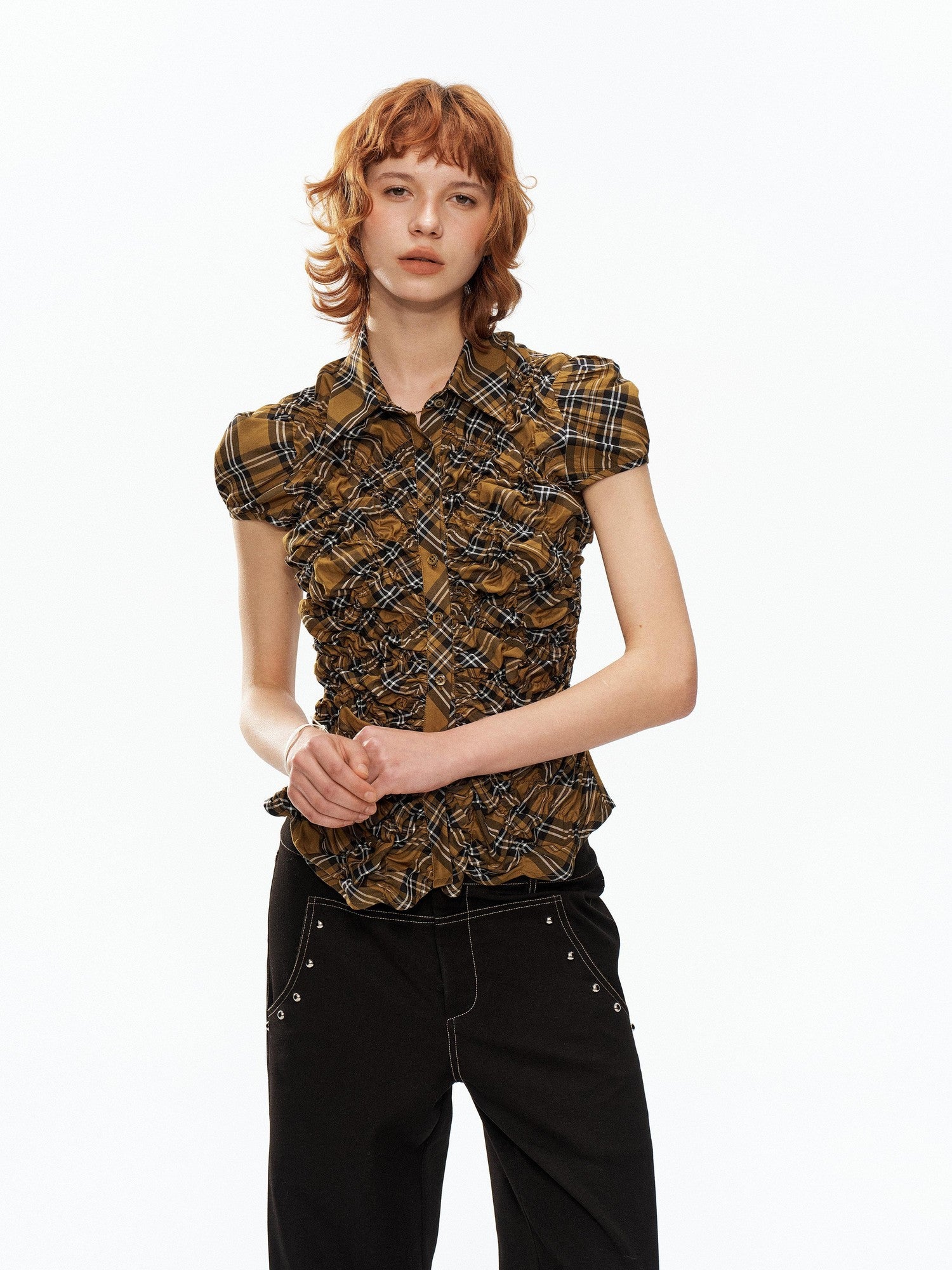 YOSHUYUKI Yellow Black Plaid Ruched Stretch Fitted Women&
