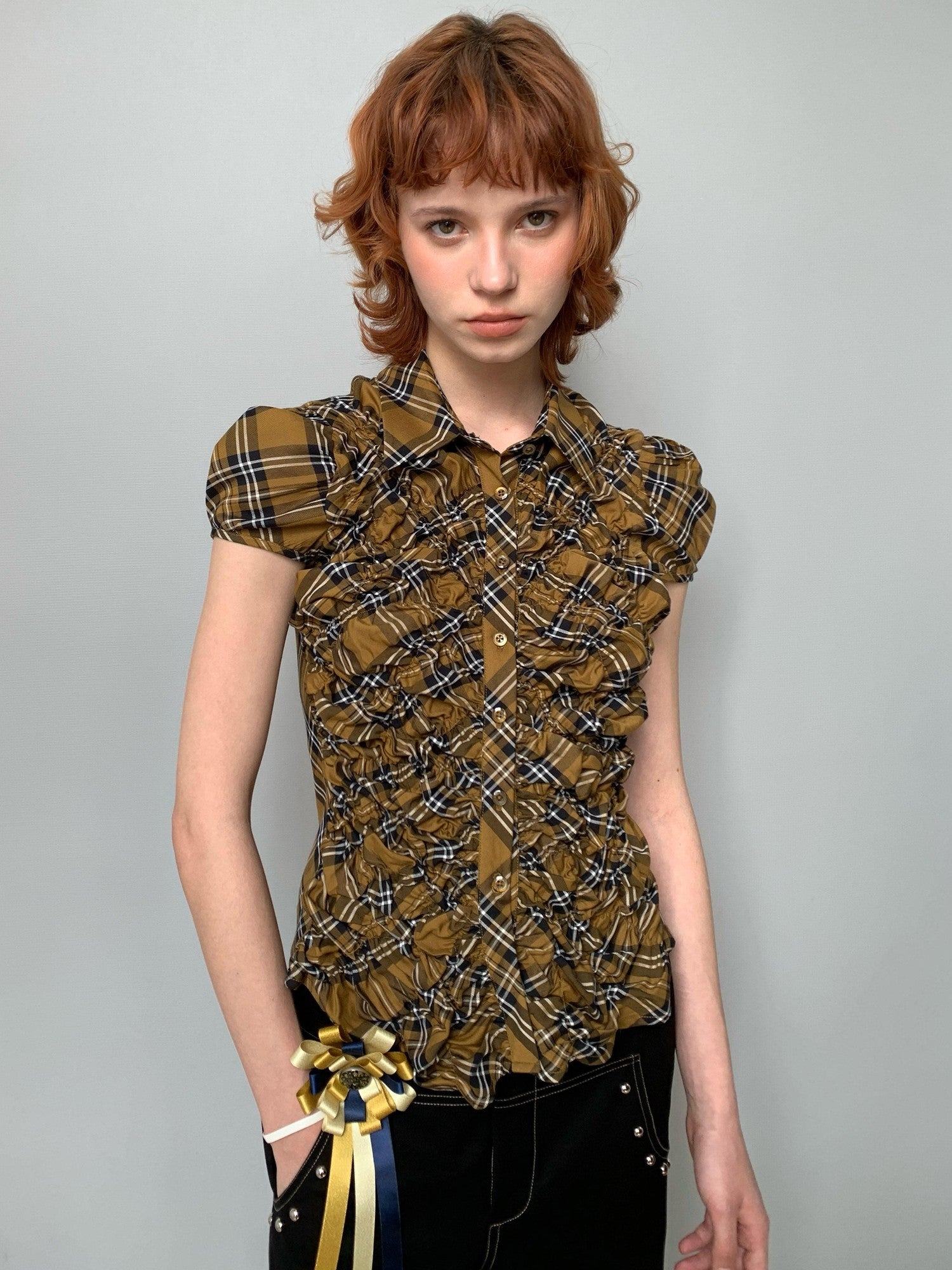 YOSHUYUKI Yellow Black Plaid Ruched Stretch Fitted Women&