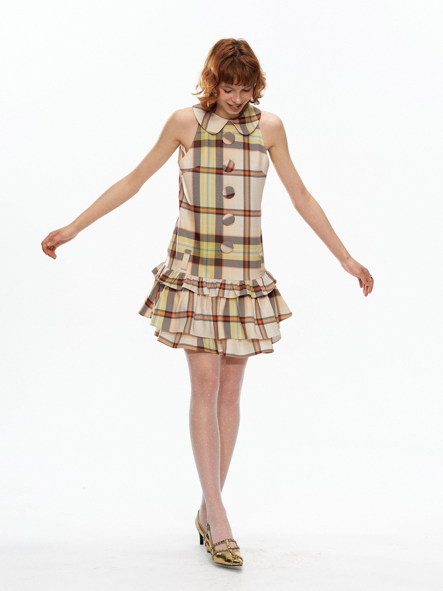 YOSHUYUKI Yellow Green Plaid Doll Collar Raglan A Line Women&
