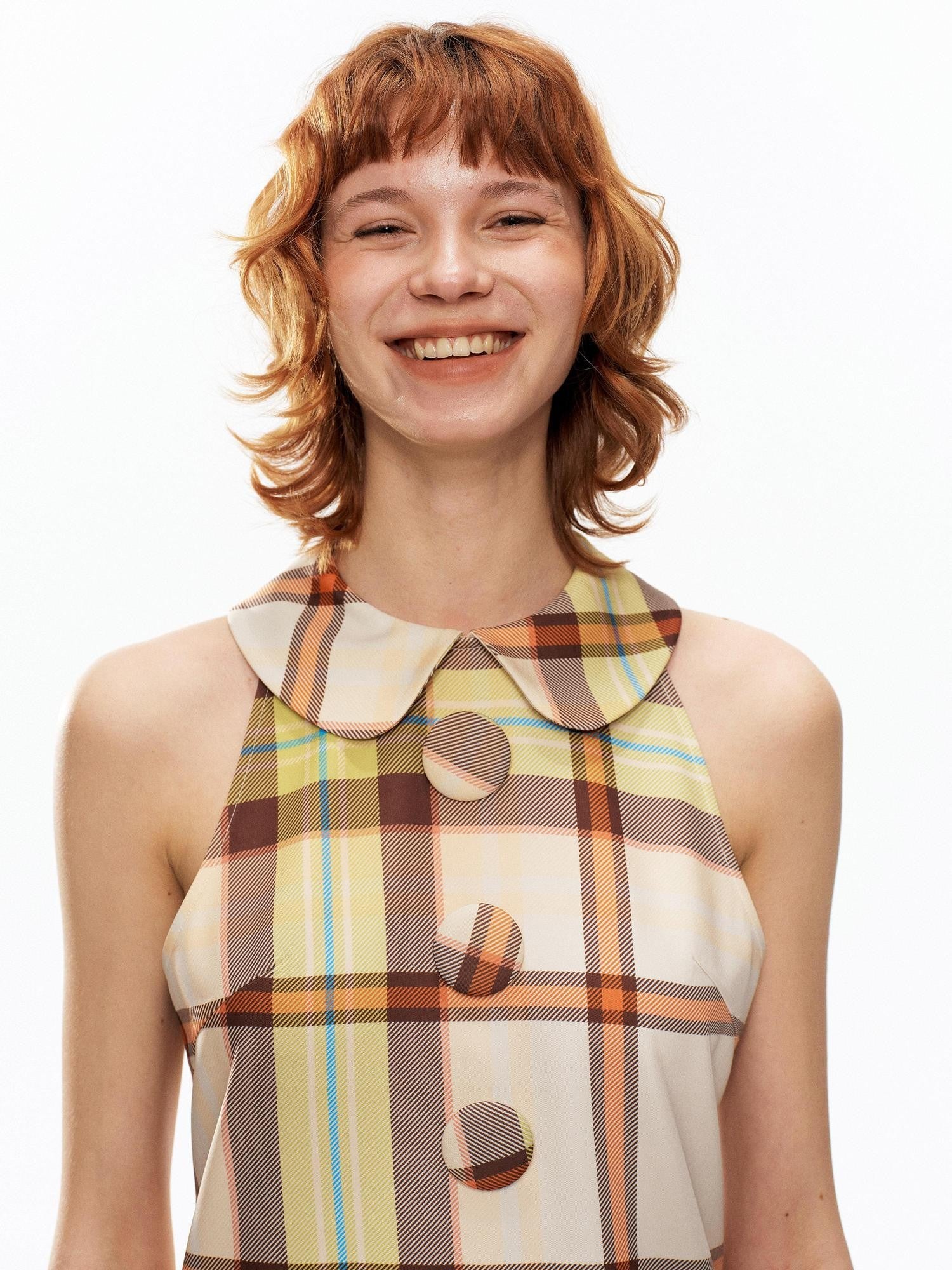 YOSHUYUKI Yellow Green Plaid Doll Collar Raglan A Line Women&